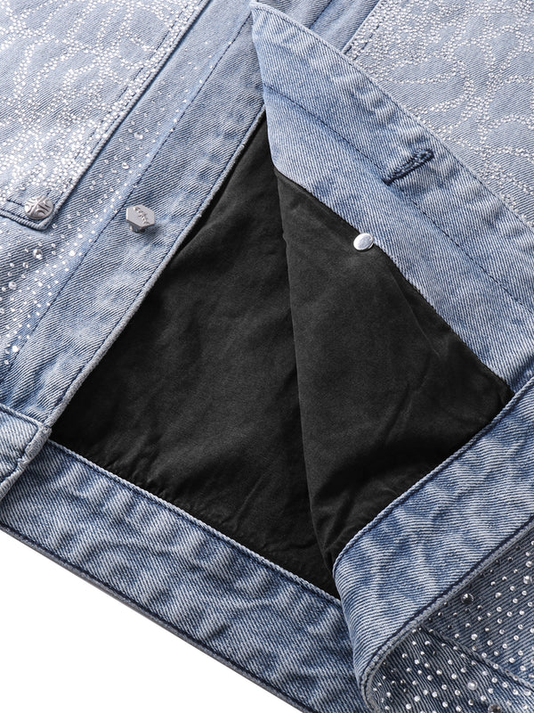 LUMINOUS DAWN RHINESTONE PEARL MESH DENIM JACKET