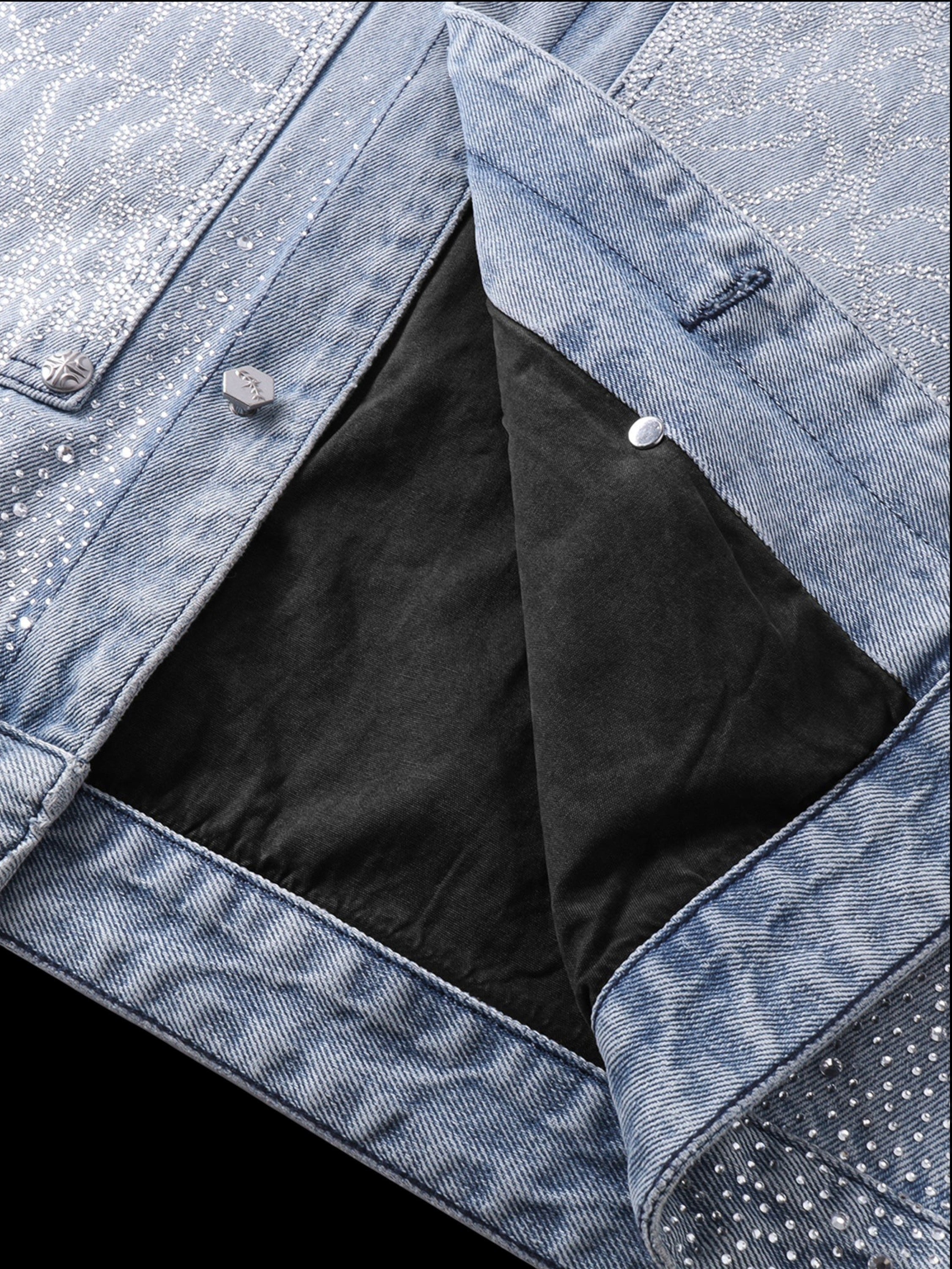 TBHNP Luminous Dawn rhinestone denim trucker jacket, blue — men's streetwear jacket