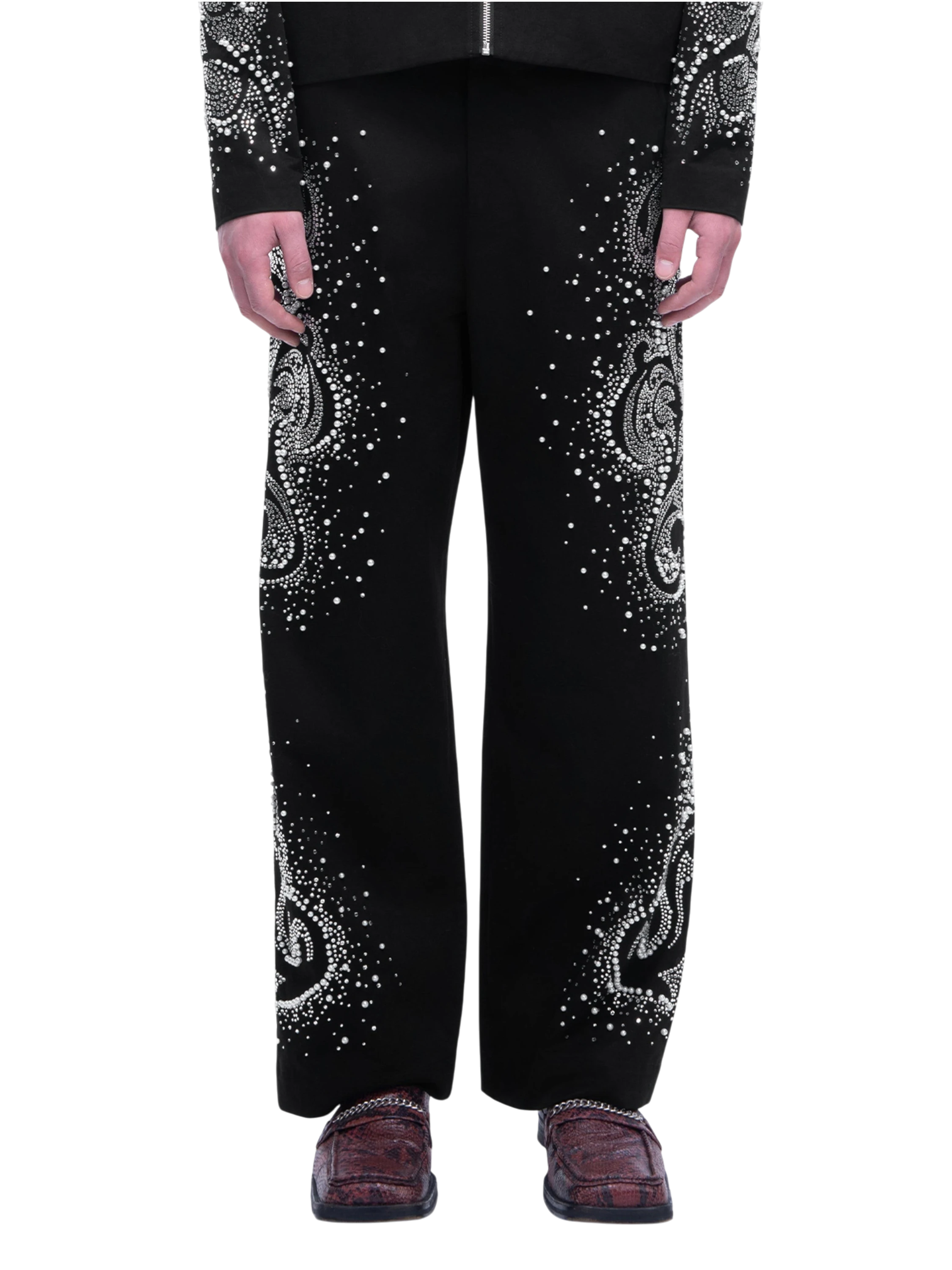 TBHNP Luminous Dawn pearl rhinestone wide-leg trousers, black — men's streetwear pants
