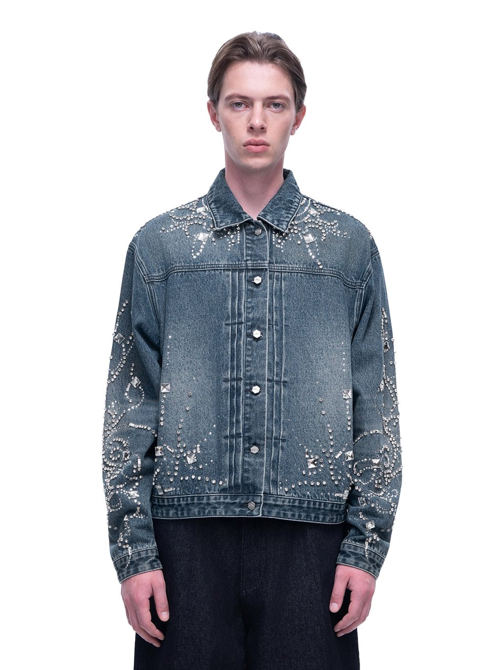 LUMINOUS DAWN RHINESTONE CROPPED DENIM JACKET
