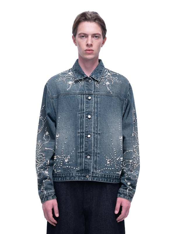 LUMINOUS DAWN RHINESTONE CROPPED DENIM JACKET