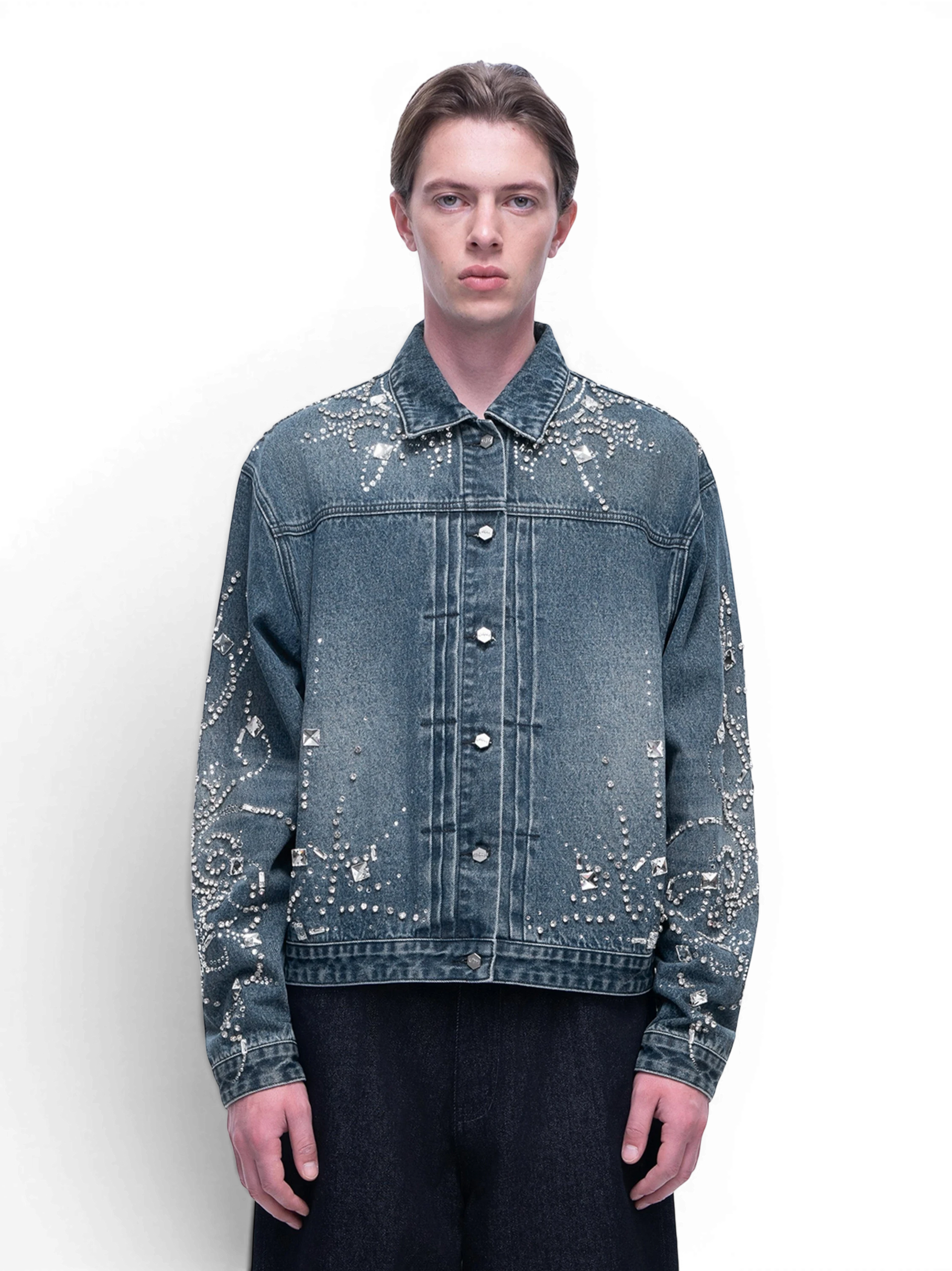 TBHNP Luminous Dawn rhinestone cropped denim jacket, blue — men's gothic streetwear jacket