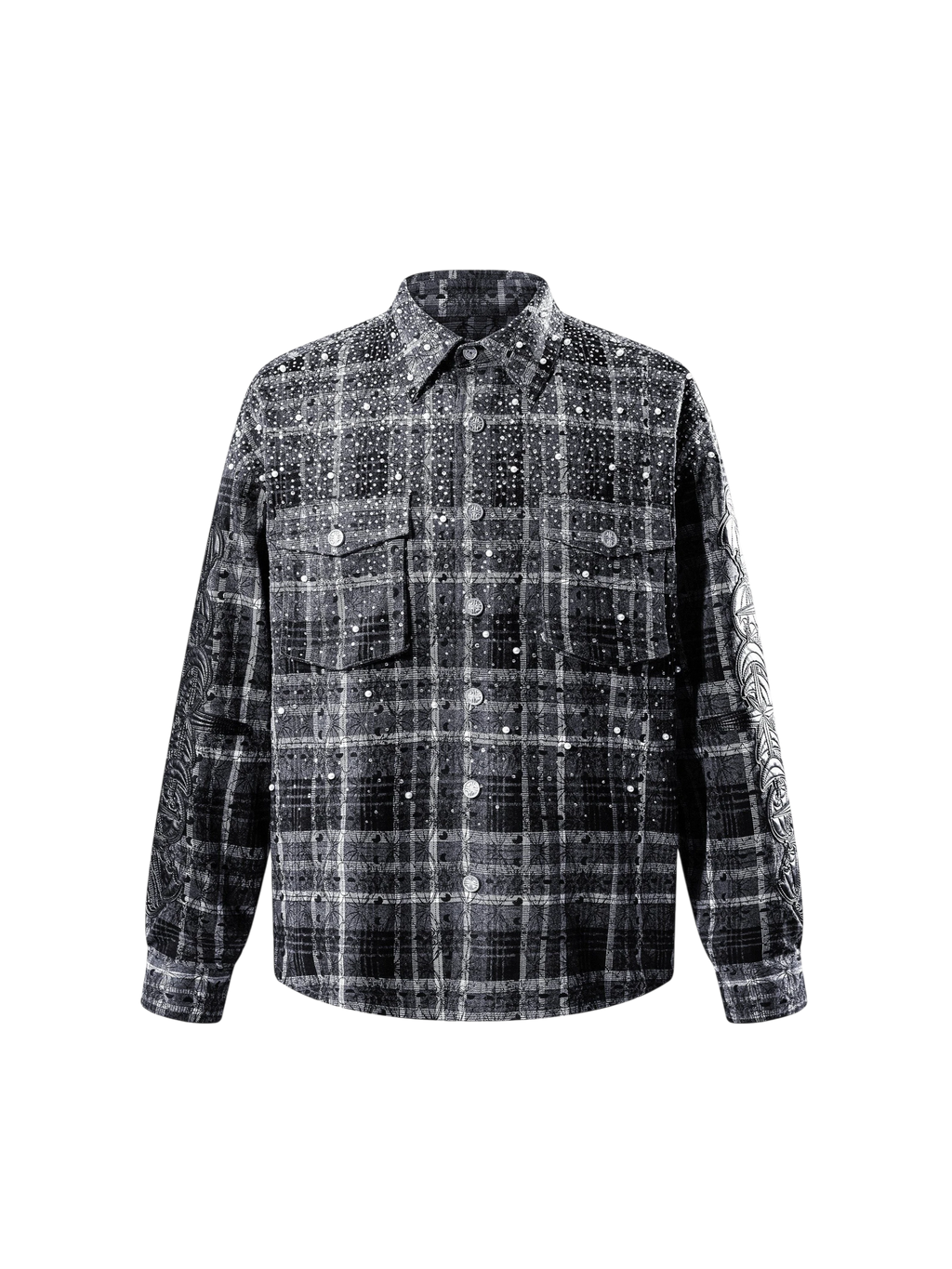 LUMINOUS DAWN RHINESTONE BAT PATTERN PLAID SHIRT