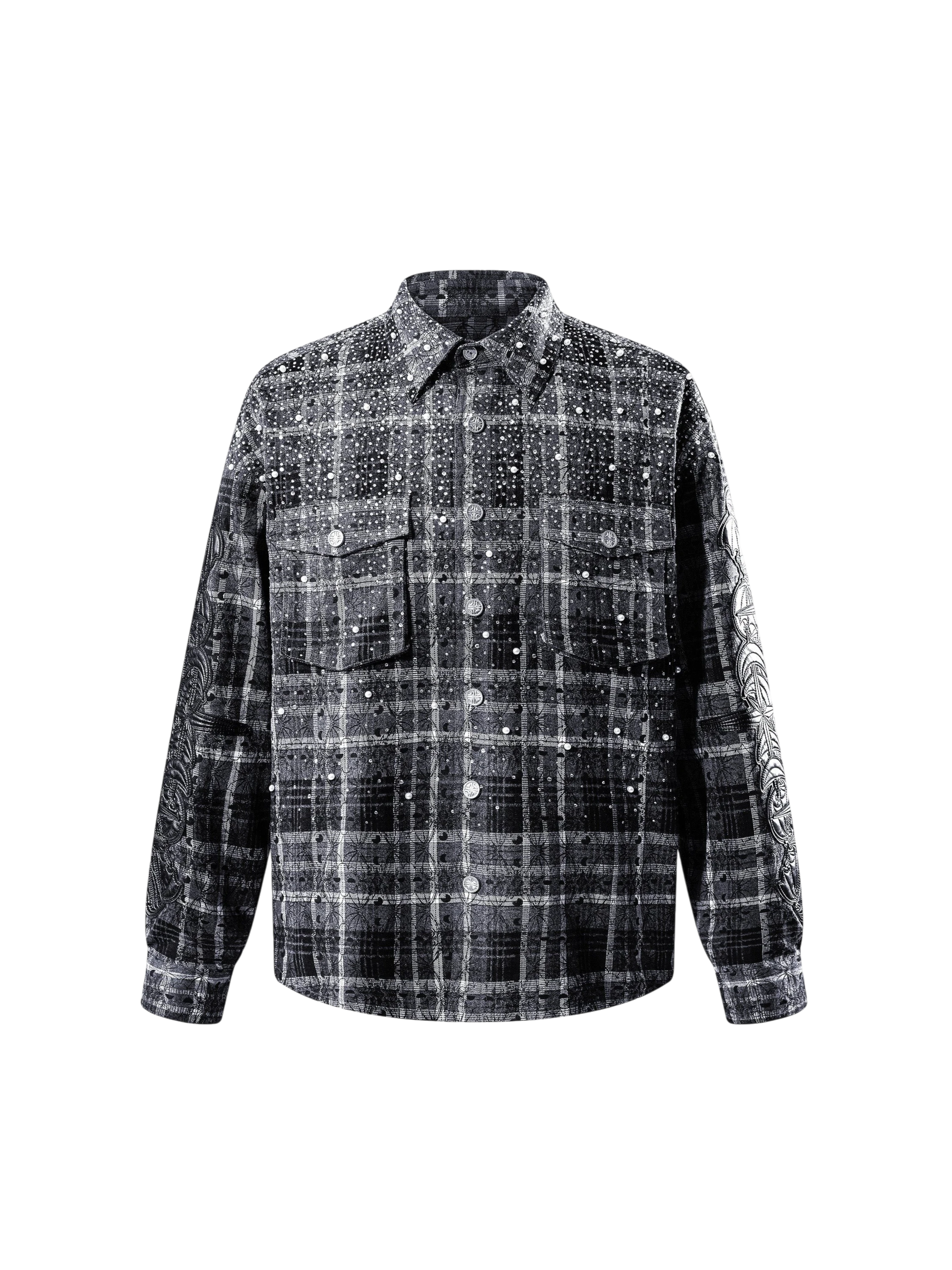 TBHNP Luminous Dawn rhinestone bat pattern plaid flannel shirt — men's gothic streetwear button-up