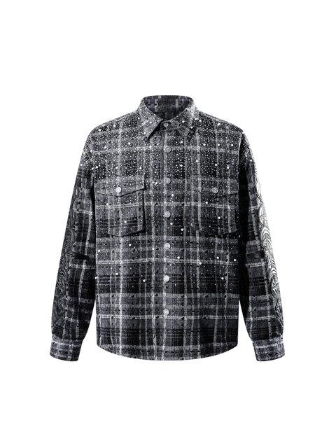 TBHNP Luminous Dawn rhinestone bat pattern plaid flannel shirt — men's gothic streetwear button-up