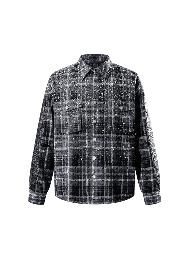 RHINESTONE BAT PATTERN PLAID SHIRT