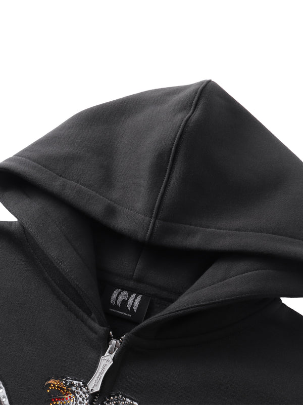 LUMINOUS DAWN DOUBLE-HEADED EAGLE RHINESTONE PRINTED ZIP HOODIE