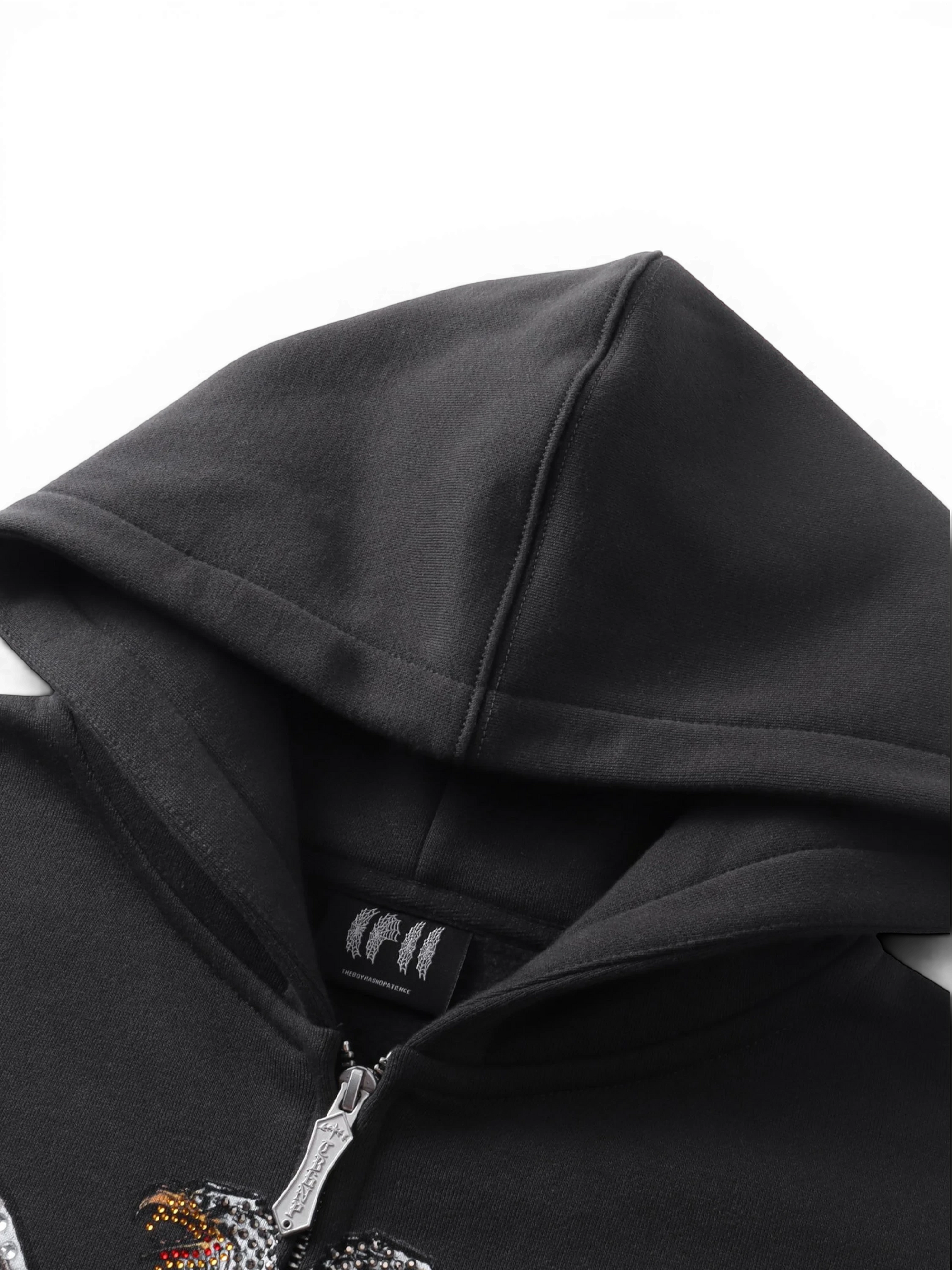 TBHNP Luminous Dawn double-headed eagle rhinestone zip hoodie, dark grey — men's streetwear hoodie