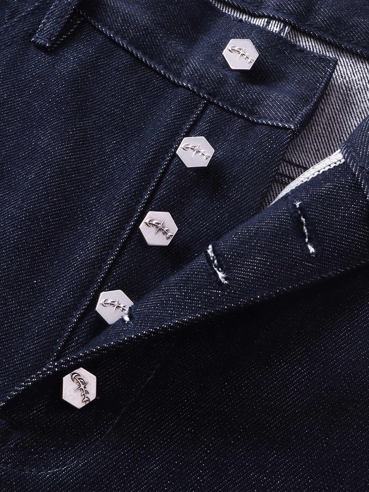 TBHNP Luminous Dawn button-fly wide-leg jeans, dark blue — men's streetwear denim