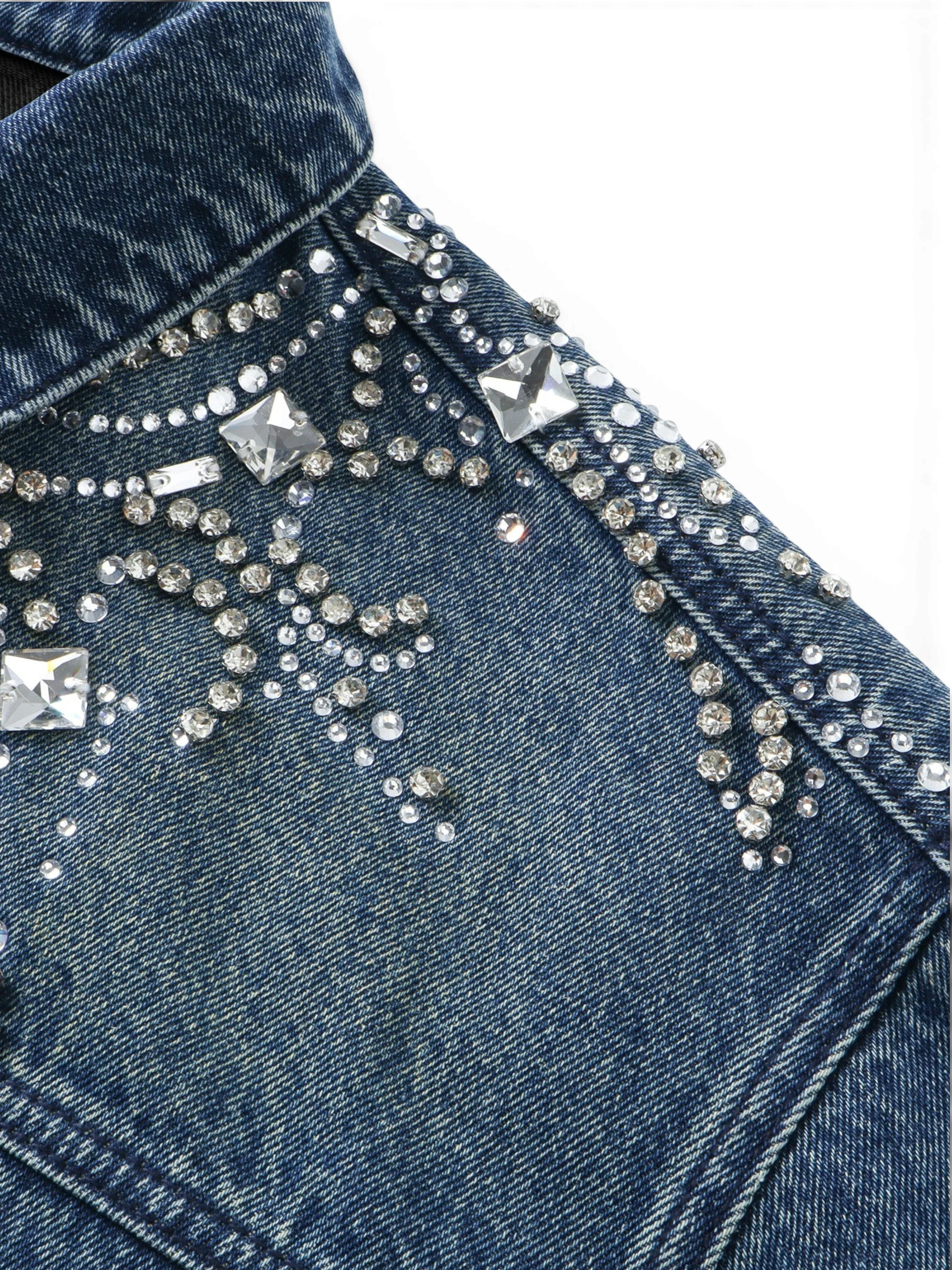 TBHNP Luminous Dawn rhinestone cropped denim jacket, blue — men's gothic streetwear jacket