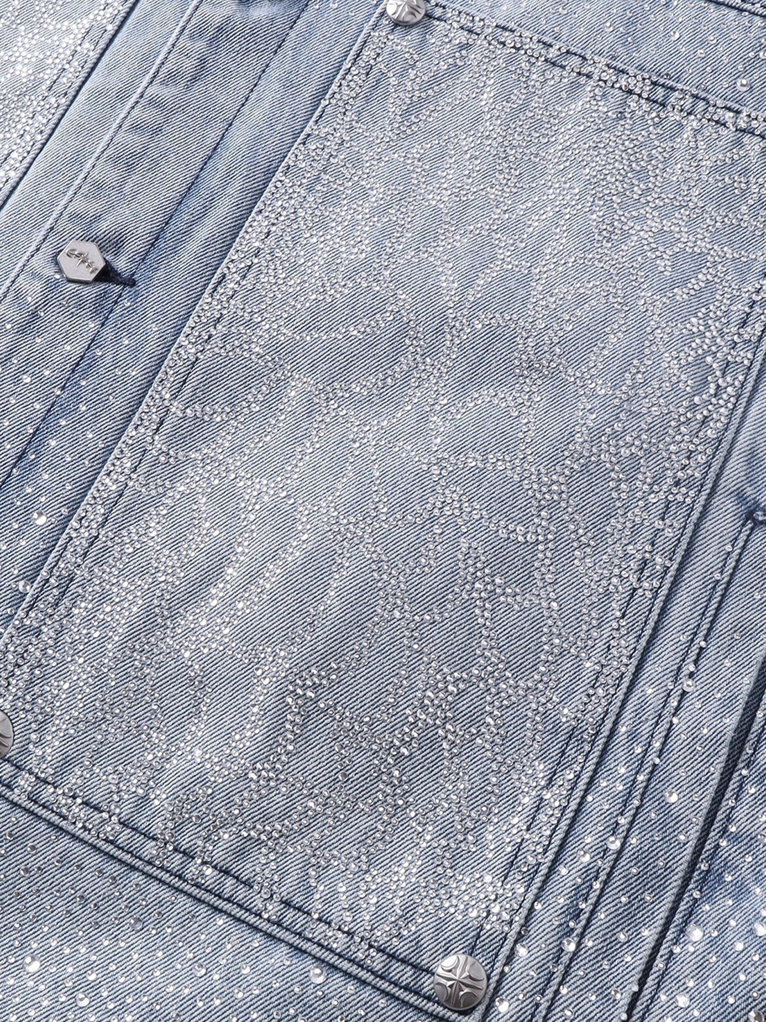 TBHNP Luminous Dawn rhinestone denim trucker jacket, blue — men's streetwear jacket