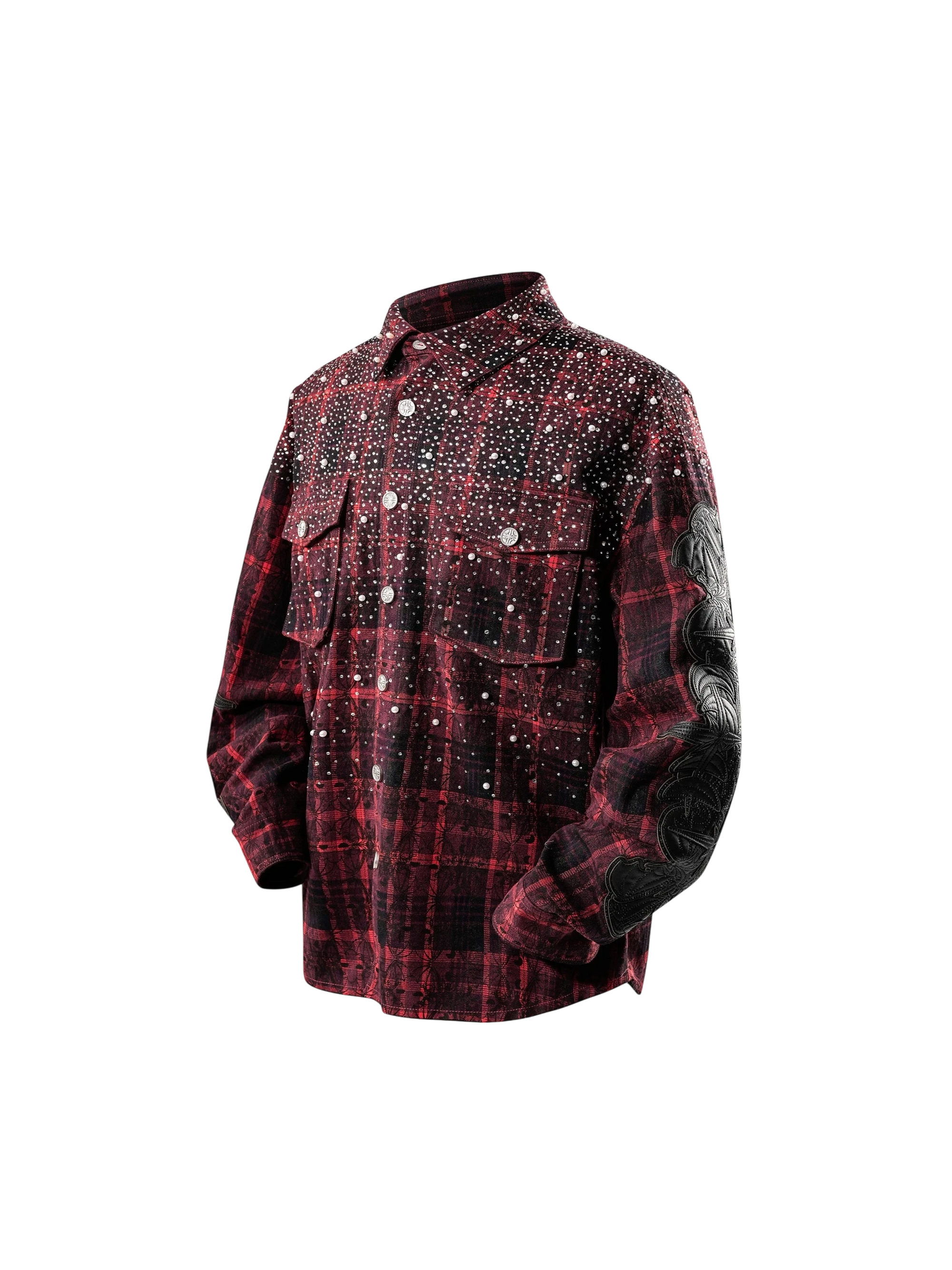 TBHNP Luminous Dawn rhinestone bat pattern plaid flannel shirt — men's gothic streetwear button-up