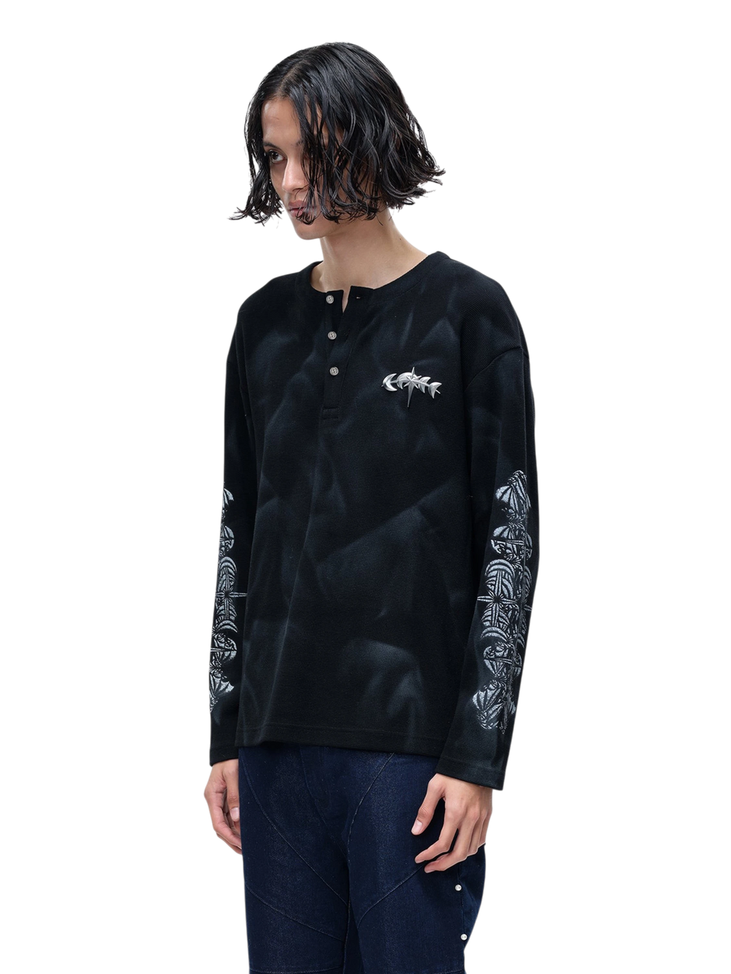 LUMINOUS DAWN WAFFLE-KNIT HENLEY LONG-SLEEVE TEE