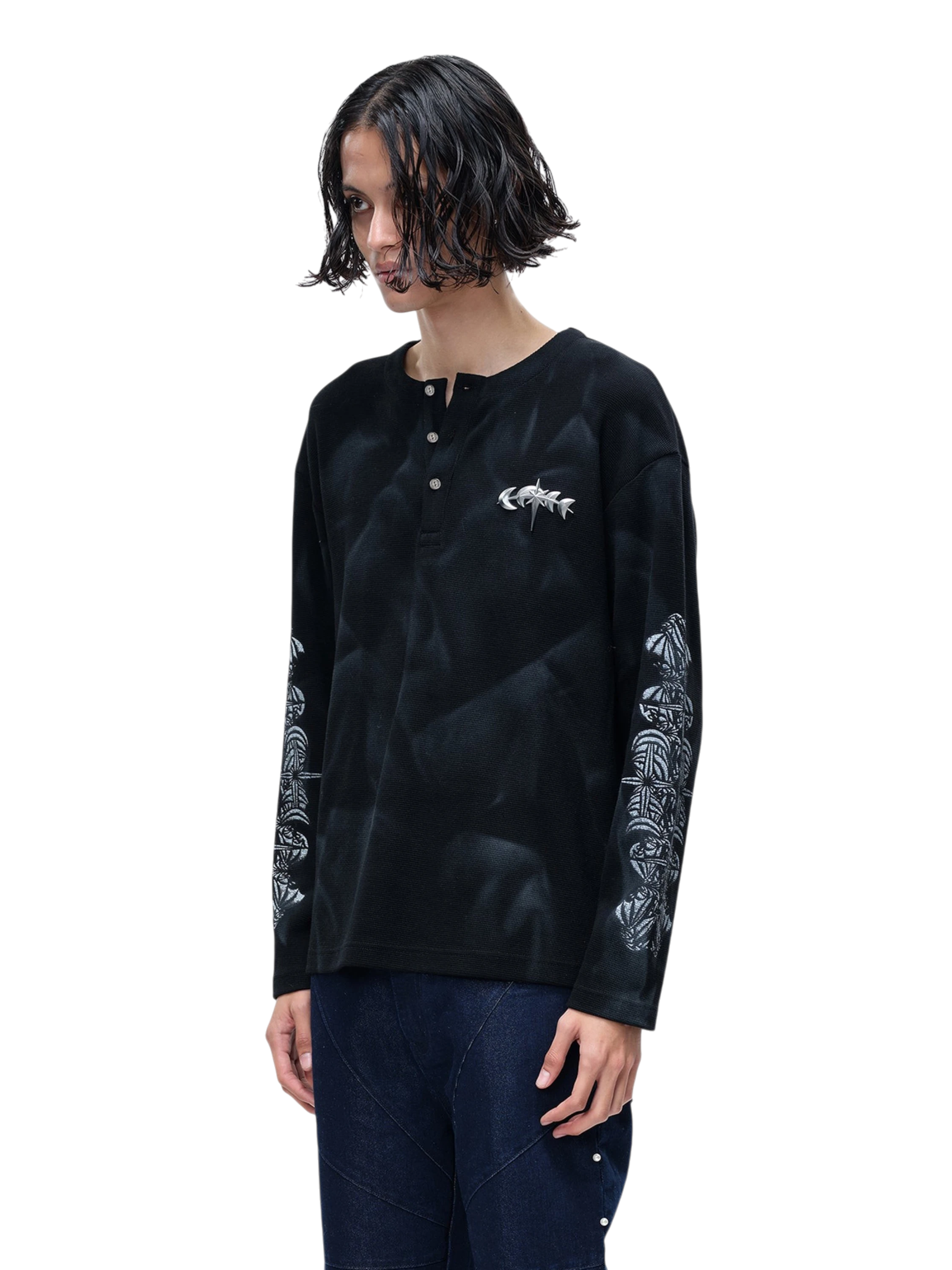 TBHNP Luminous Dawn waffle-knit henley long-sleeve top with metal chest badge — men's streetwear henley