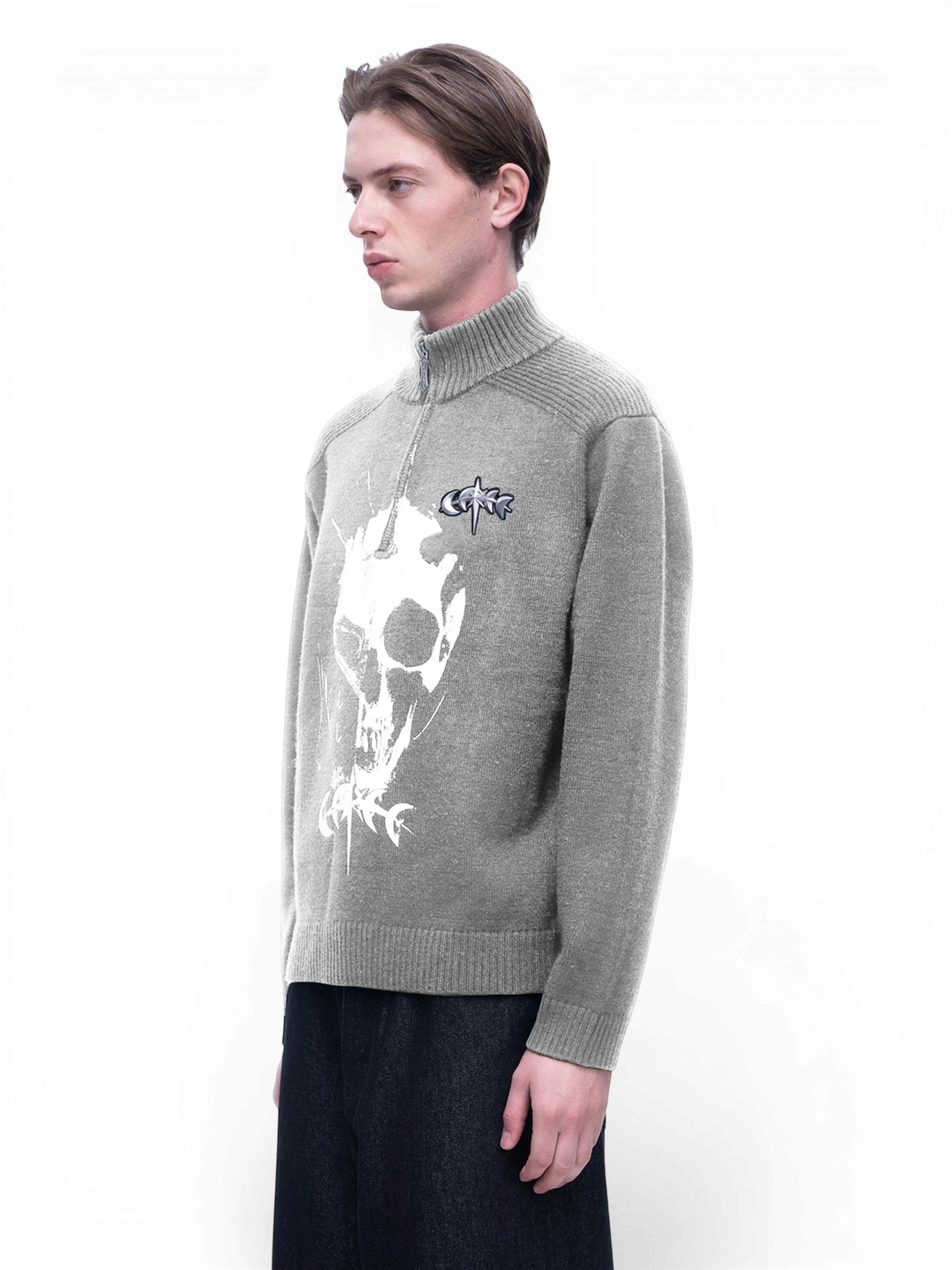 TBHNP Luminous Dawn knight quarter-zip knit sweater, heather grey — men's streetwear knitwear