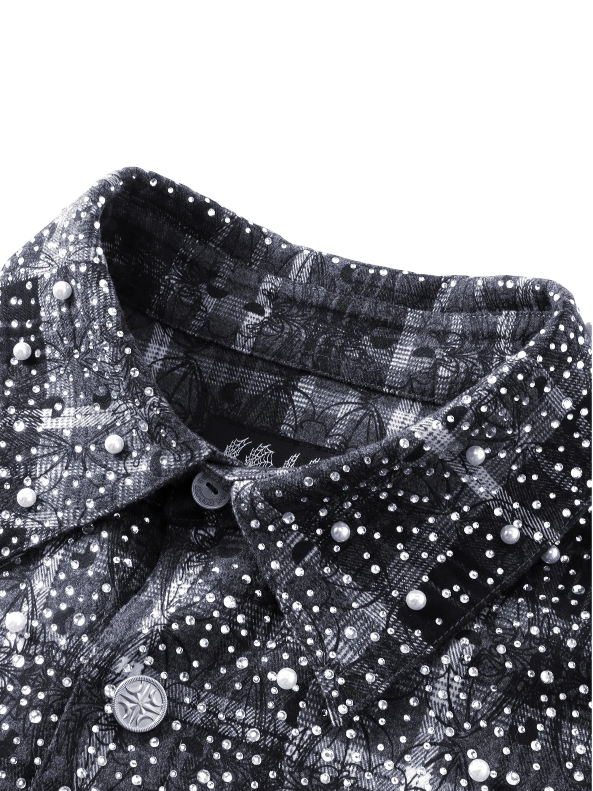 TBHNP Luminous Dawn rhinestone bat pattern plaid flannel shirt — men's gothic streetwear button-up