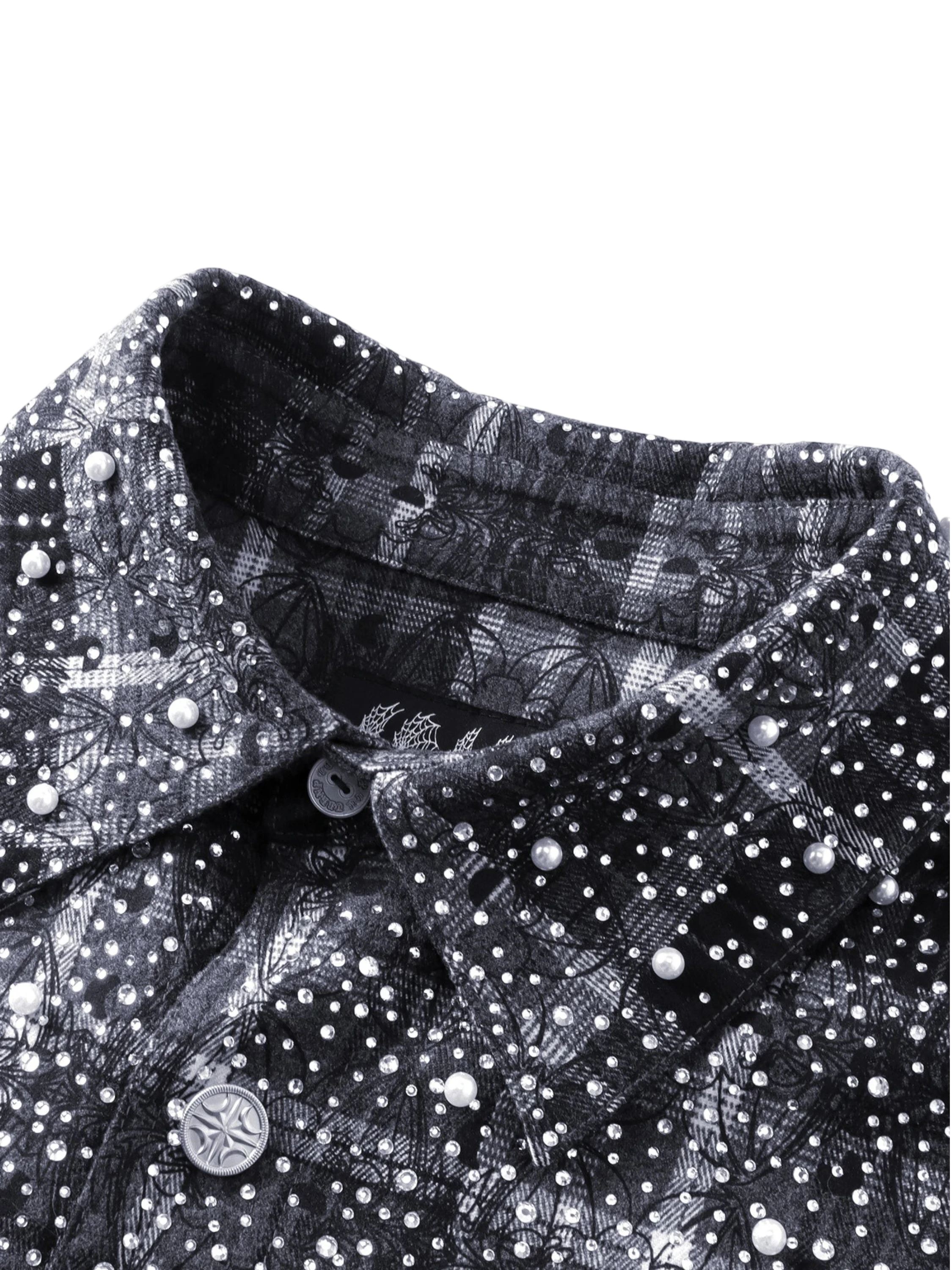 TBHNP Luminous Dawn rhinestone bat pattern plaid flannel shirt — men's gothic streetwear button-up
