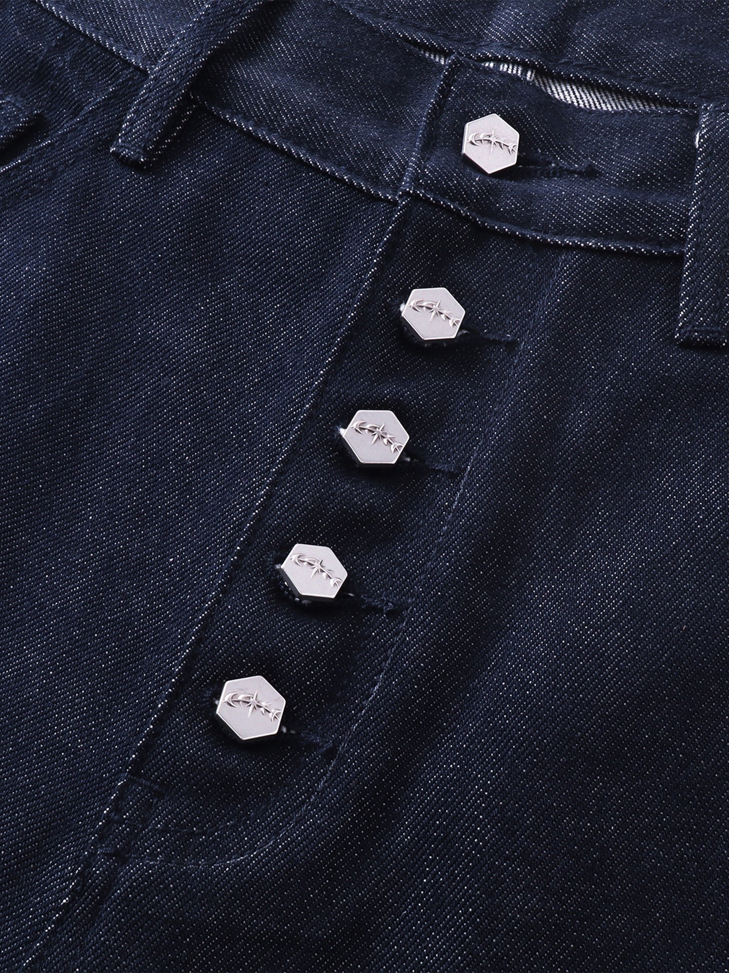TBHNP Luminous Dawn button-fly wide-leg jeans, dark blue — men's streetwear denim