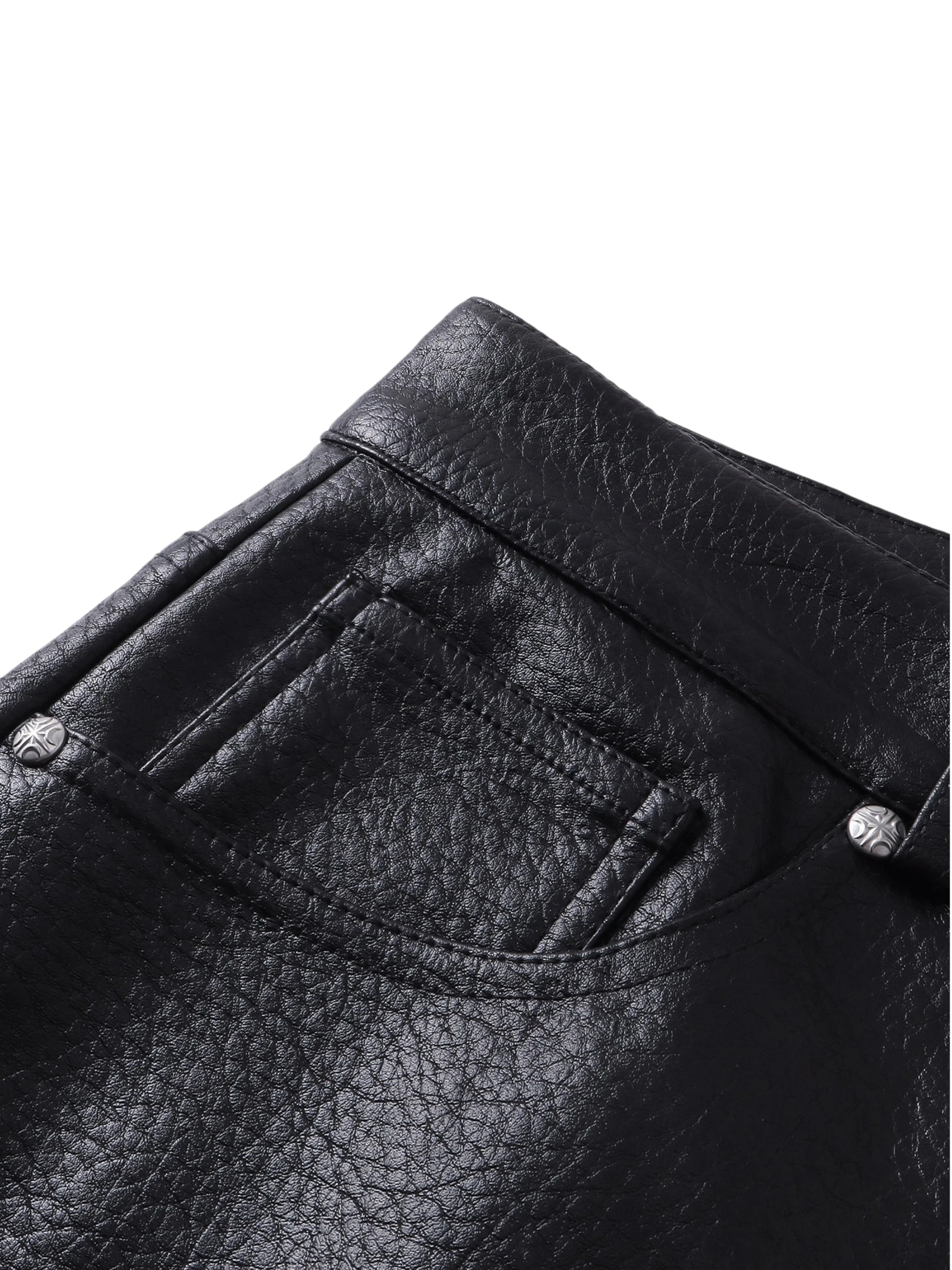 Close-up of the back detail on TBHNP black faux-leather shorts — men's streetwear detail