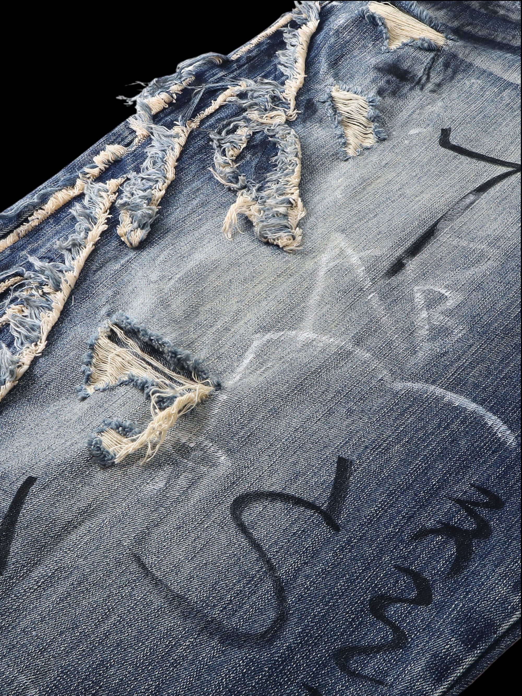 TBHNP Luminous Dawn baggy faded graffiti jeans, blue — men's distressed streetwear denim