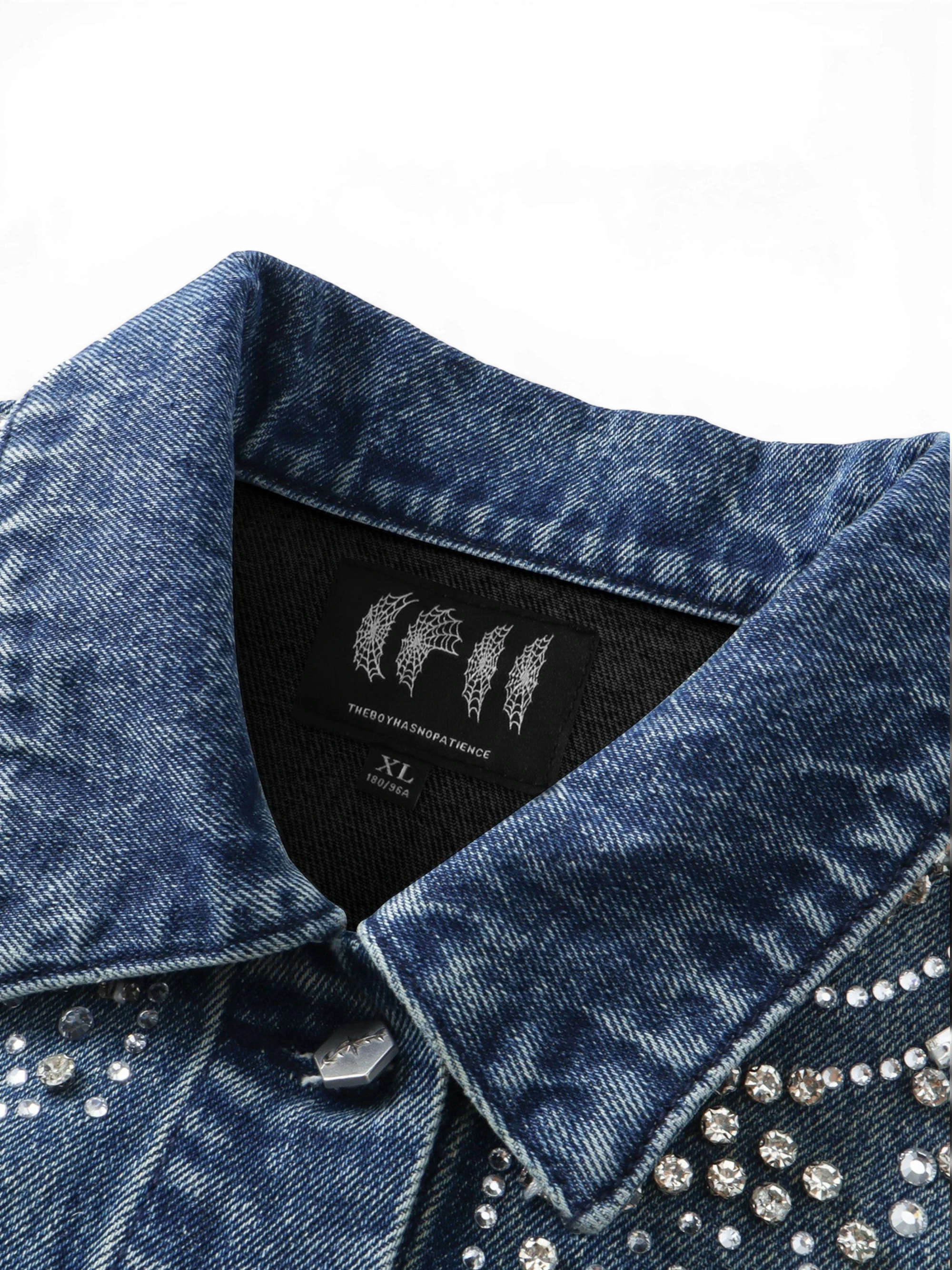 TBHNP Luminous Dawn rhinestone cropped denim jacket, blue — men's gothic streetwear jacket