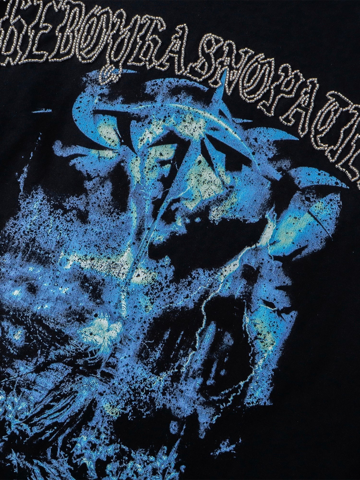 TBHNP Luminous Dawn distressed knight graphic long sleeve tee with bead-embroidered gothic lettering