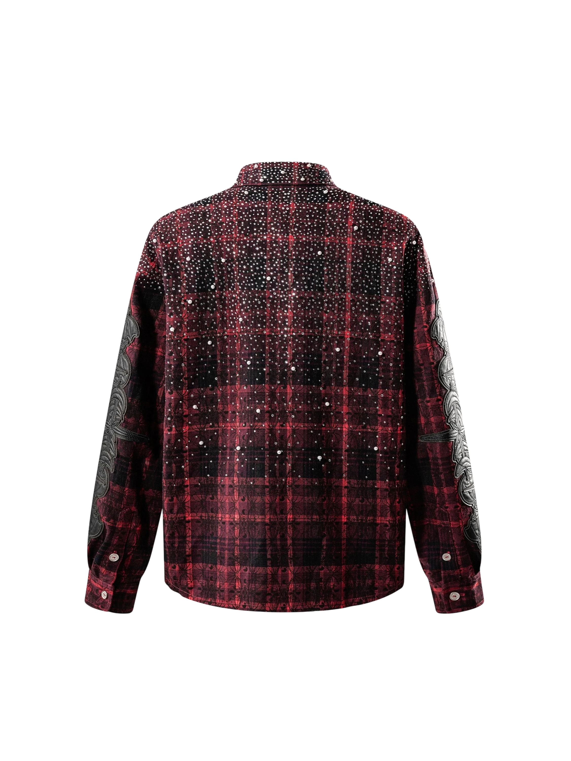 TBHNP Luminous Dawn rhinestone bat pattern plaid flannel shirt — men's gothic streetwear button-up