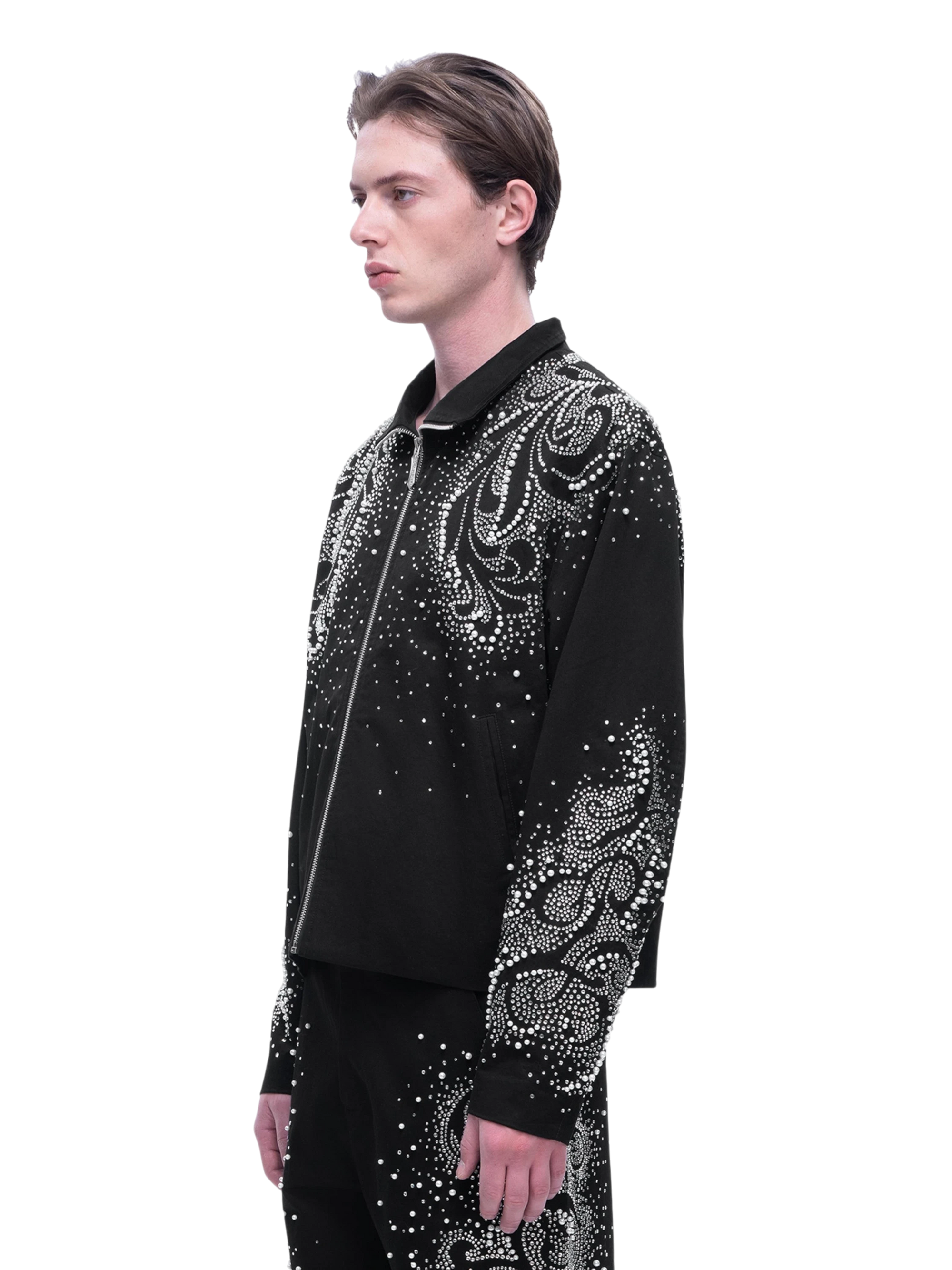 TBHNP Luminous Dawn pearl rhinestone cotton zip jacket, black — men's streetwear jacket
