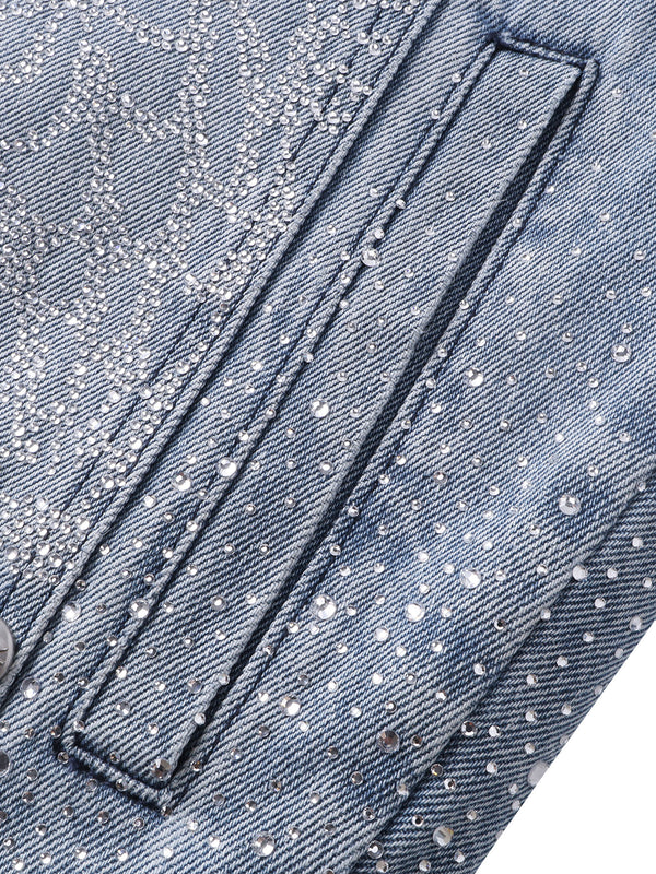 LUMINOUS DAWN RHINESTONE PEARL MESH DENIM JACKET