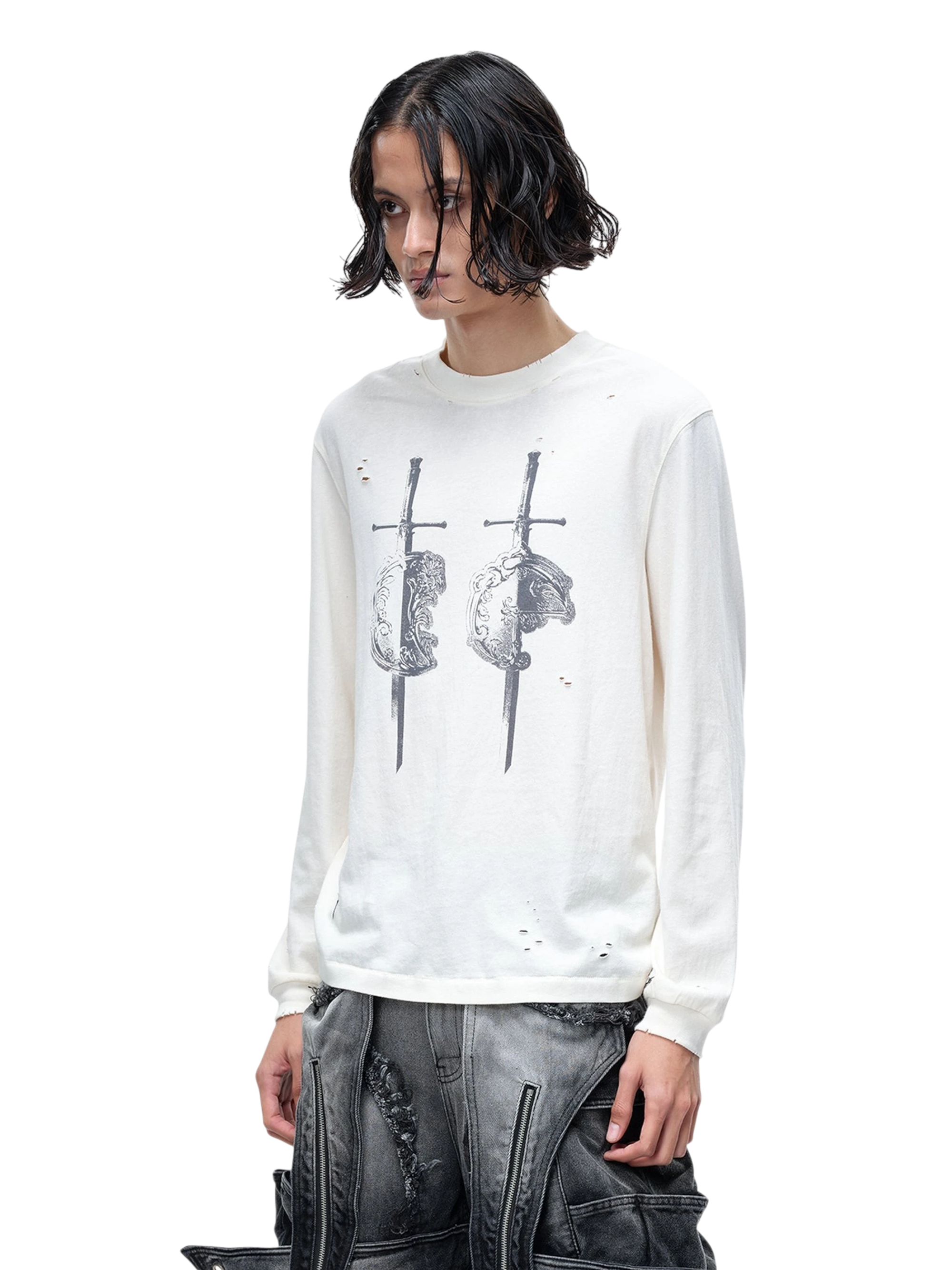 TBHNP Luminous Dawn distressed sword and shield print long-sleeve cotton t-shirt — men's streetwear long sleeve tee
