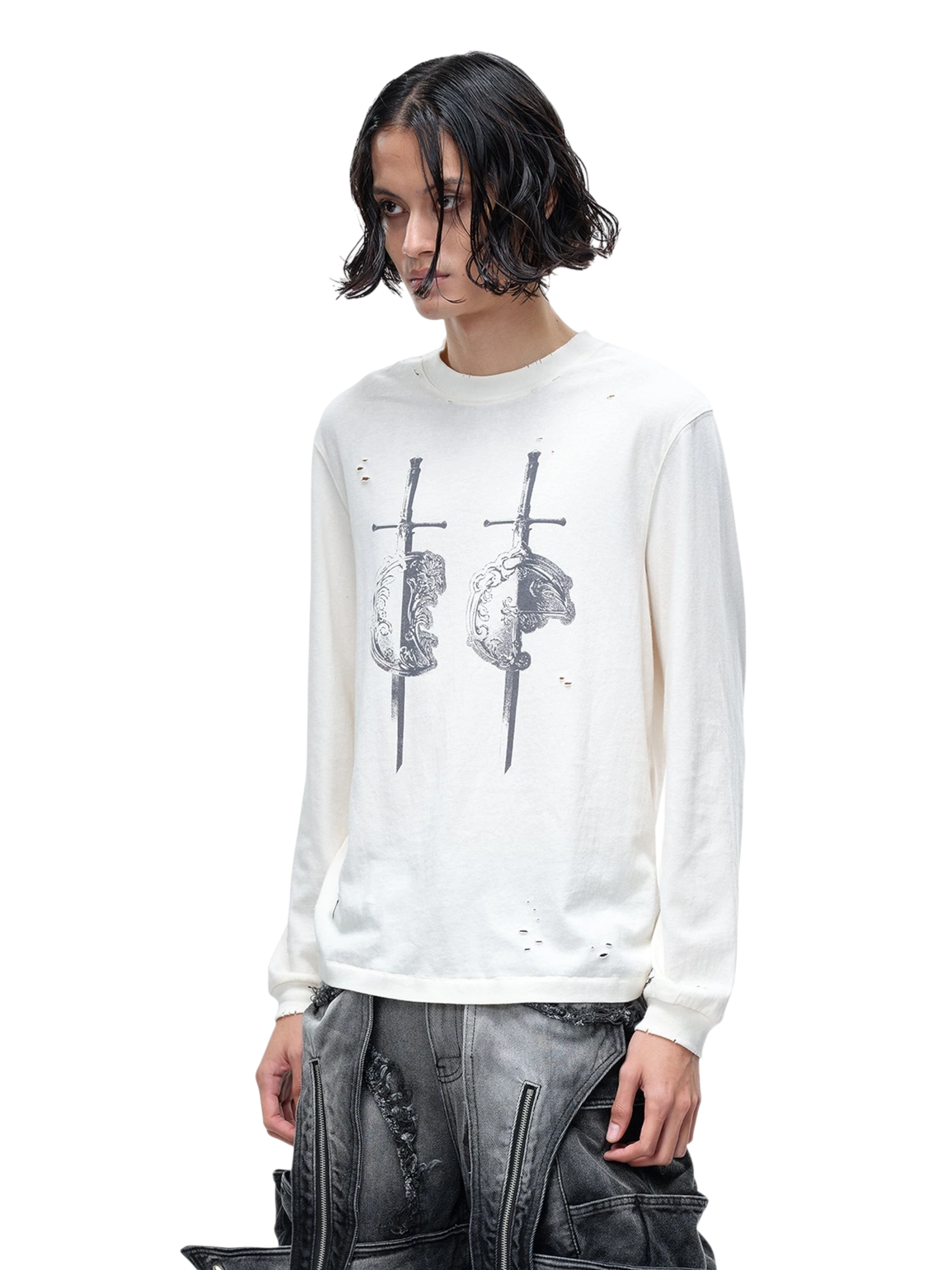 TBHNP Luminous Dawn distressed sword and shield print long-sleeve cotton t-shirt — men's streetwear long sleeve tee