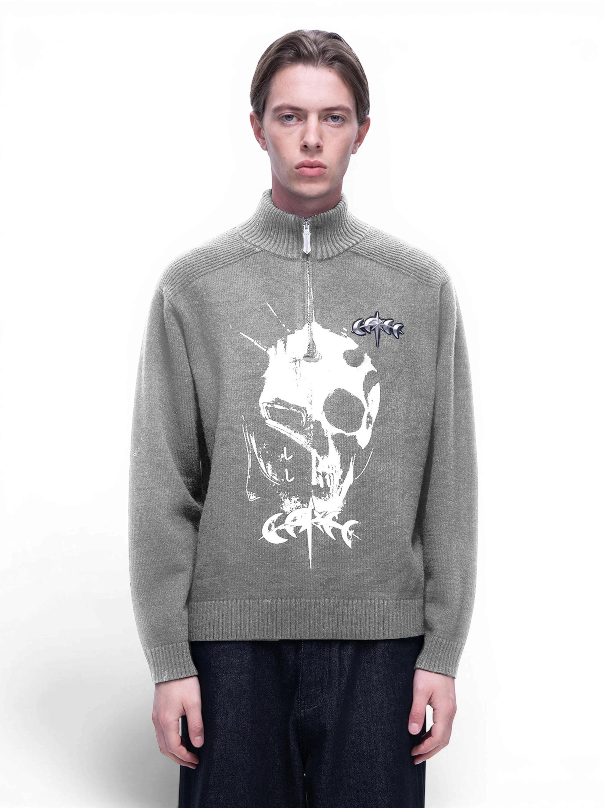 TBHNP Luminous Dawn knight quarter-zip knit sweater, heather grey — men's streetwear knitwear