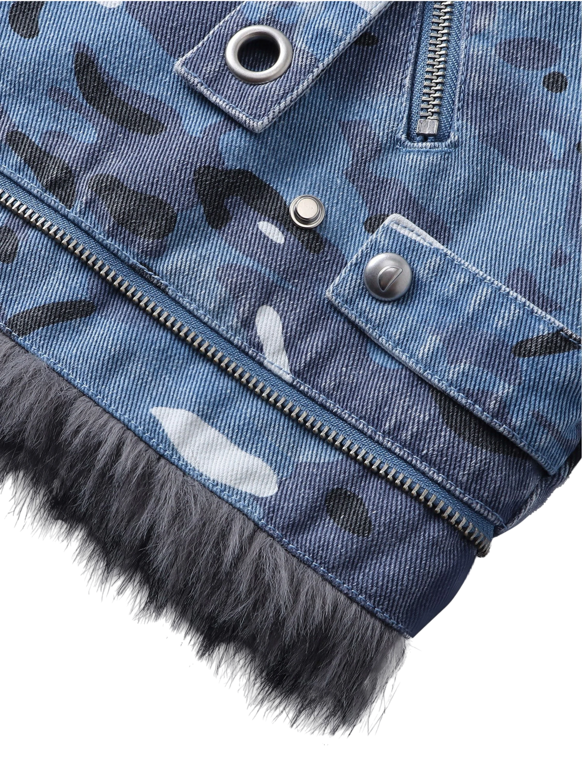 TBHNP Eclipse of the Blood Moon blue camo padded fur-collar jacket — men's streetwear jacket