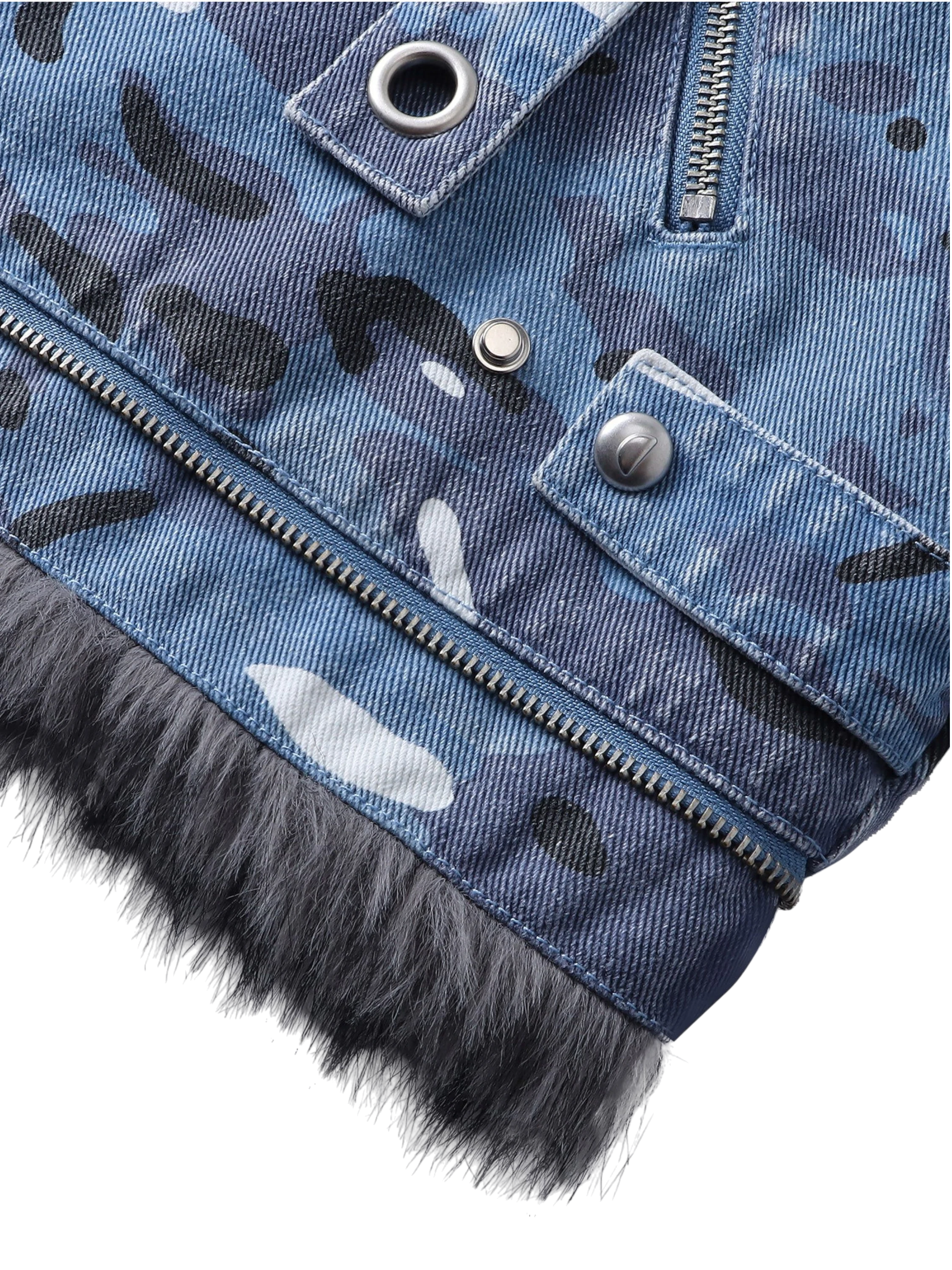 TBHNP Eclipse of the Blood Moon blue camo padded fur-collar jacket — men's streetwear jacket