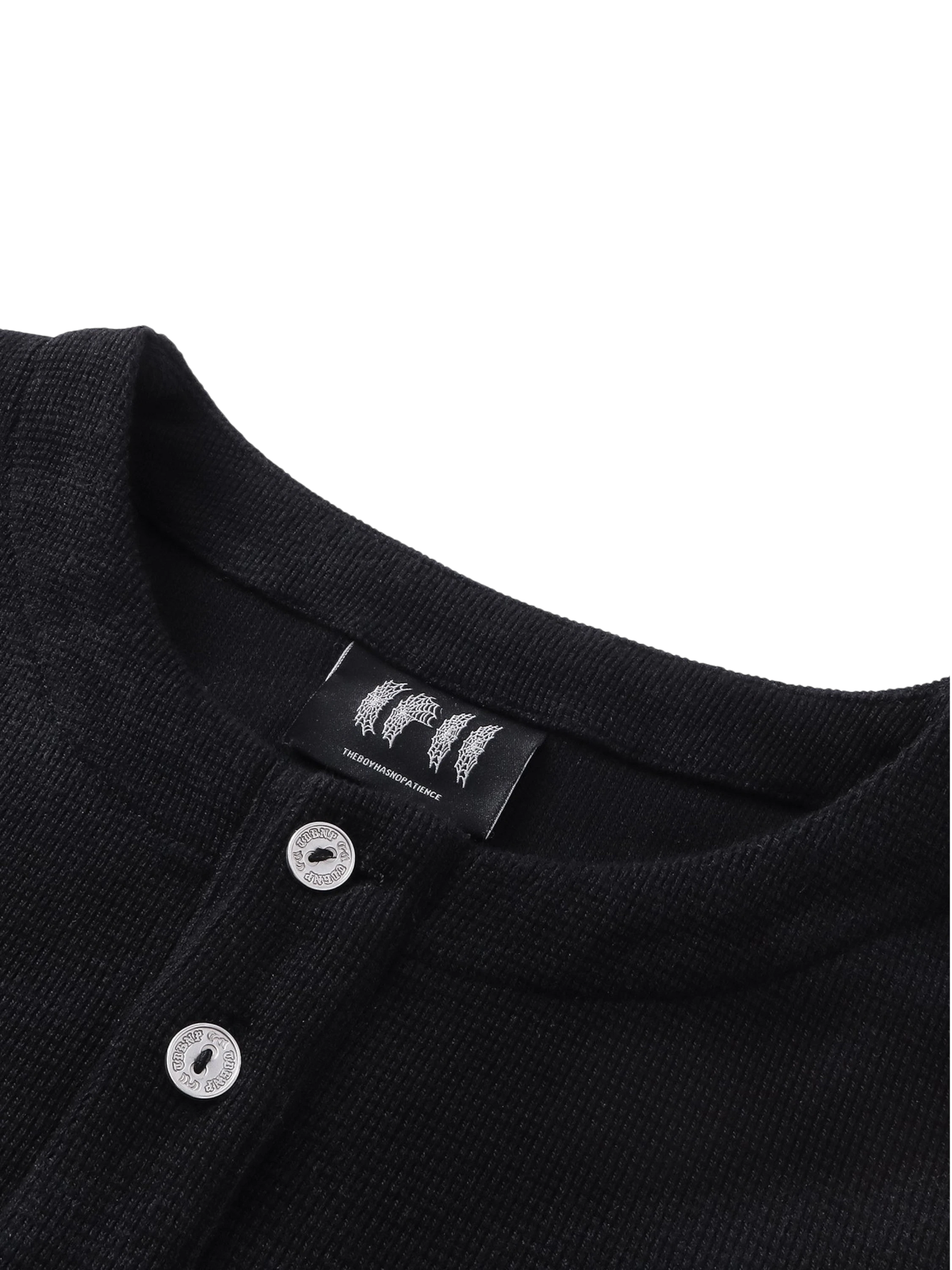 TBHNP Luminous Dawn waffle-knit henley long-sleeve top with metal chest badge — men's streetwear henley
