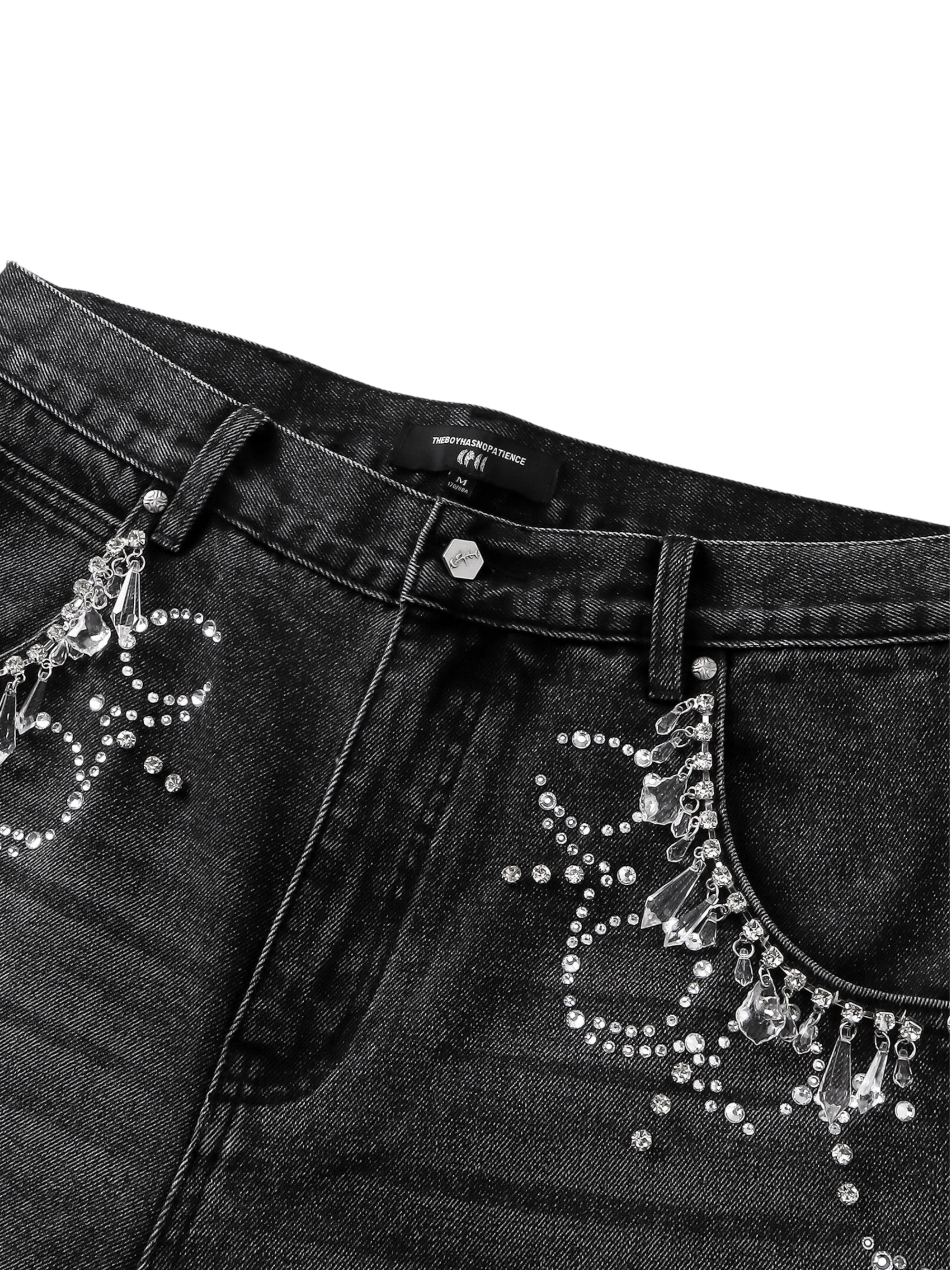 TBHNP Luminous Dawn rhinestone vine cropped wide-leg jeans — men's streetwear denim