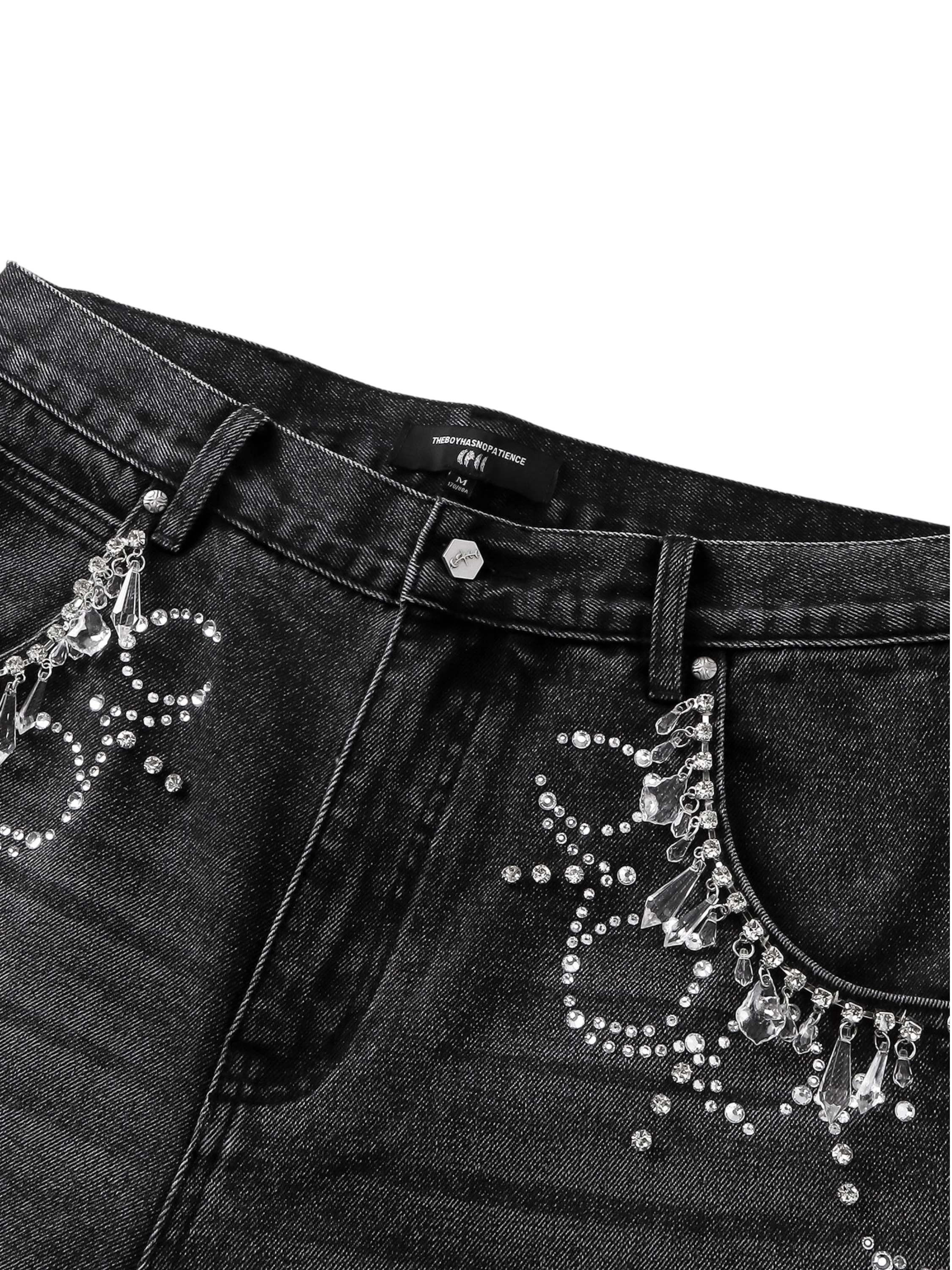 TBHNP Luminous Dawn rhinestone vine cropped wide-leg jeans — men's streetwear denim