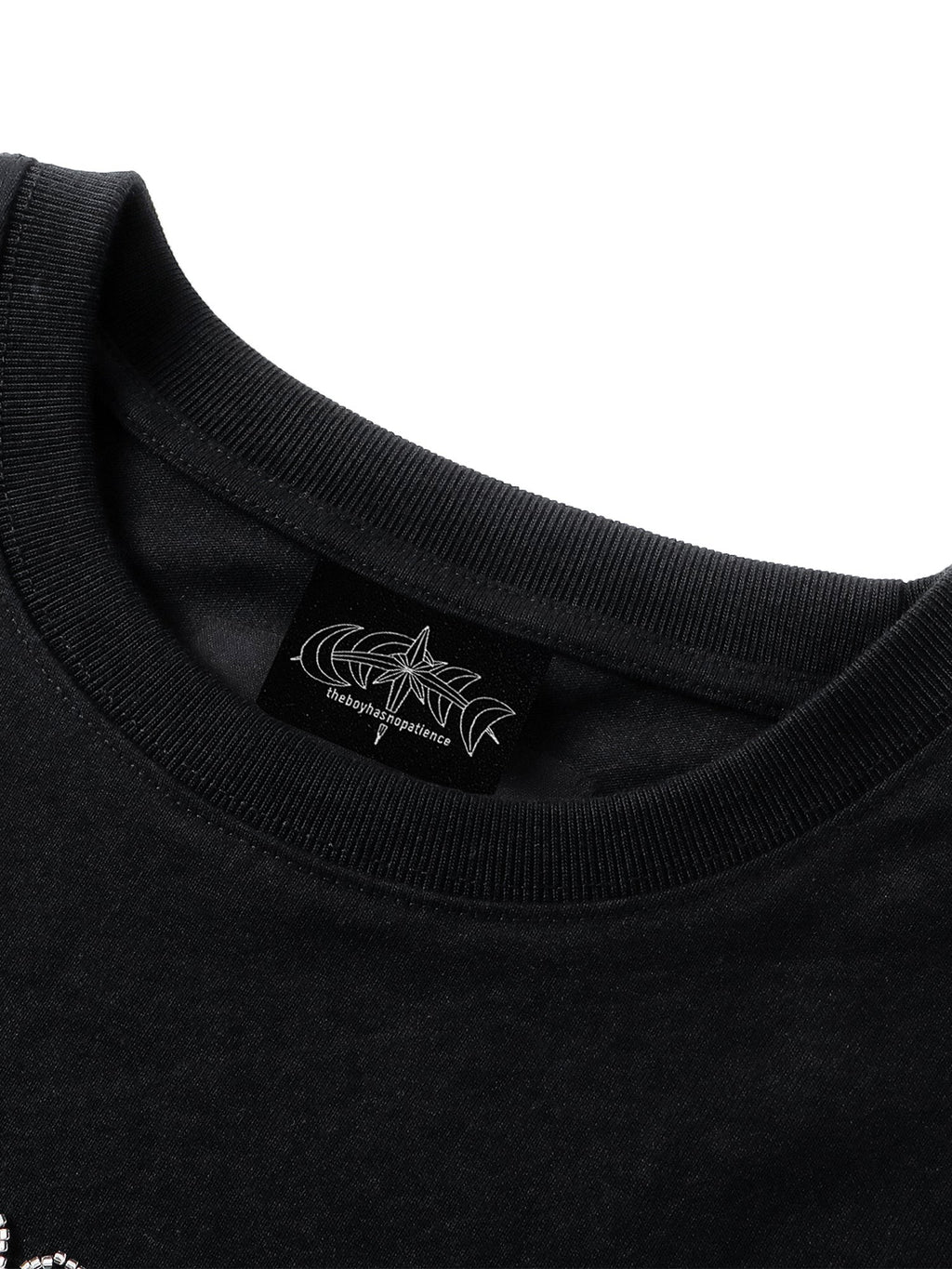 TBHNP Luminous Dawn distressed knight graphic long sleeve tee with bead-embroidered gothic lettering