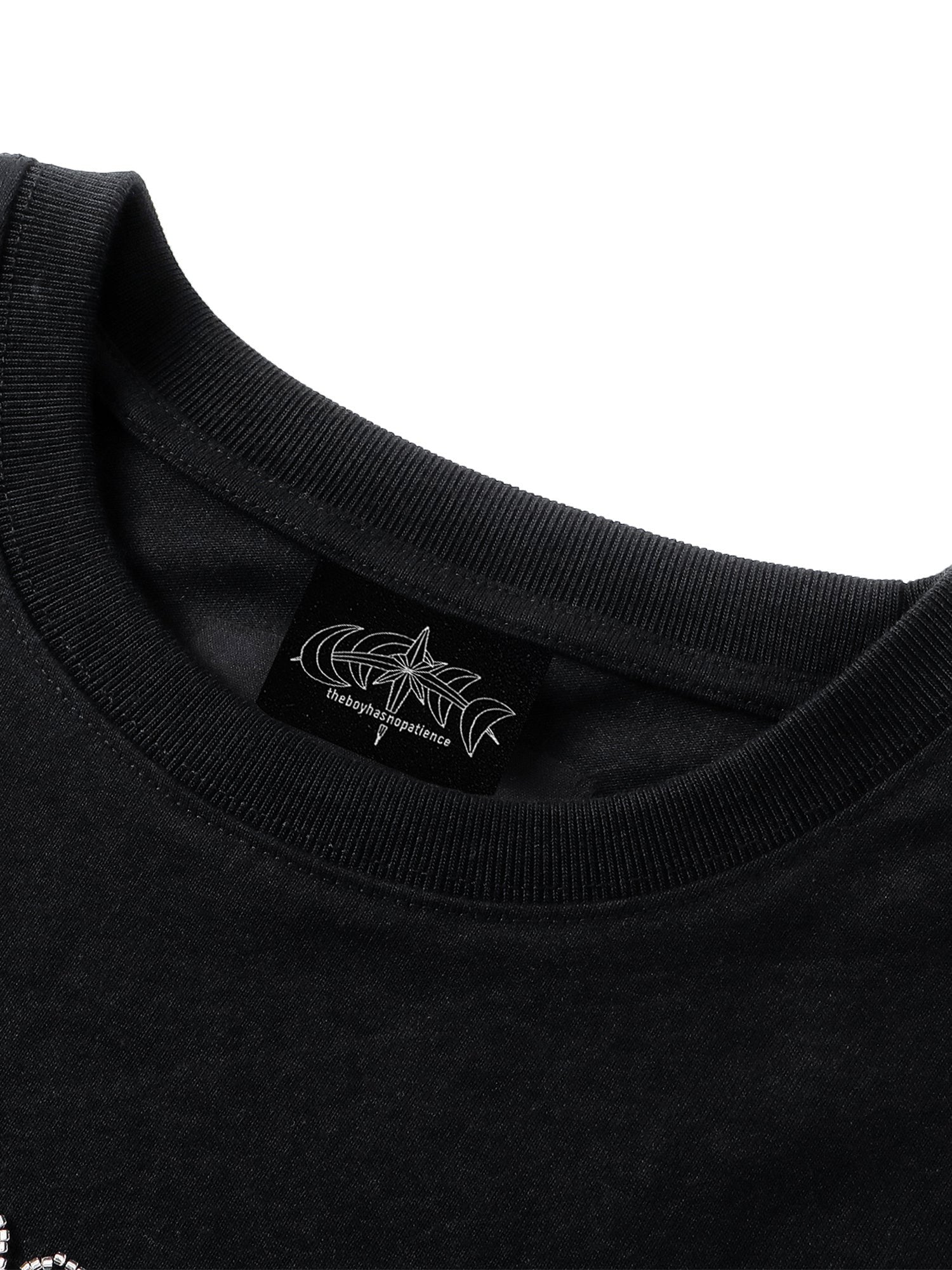 TBHNP Luminous Dawn distressed knight graphic long sleeve tee with bead-embroidered gothic lettering