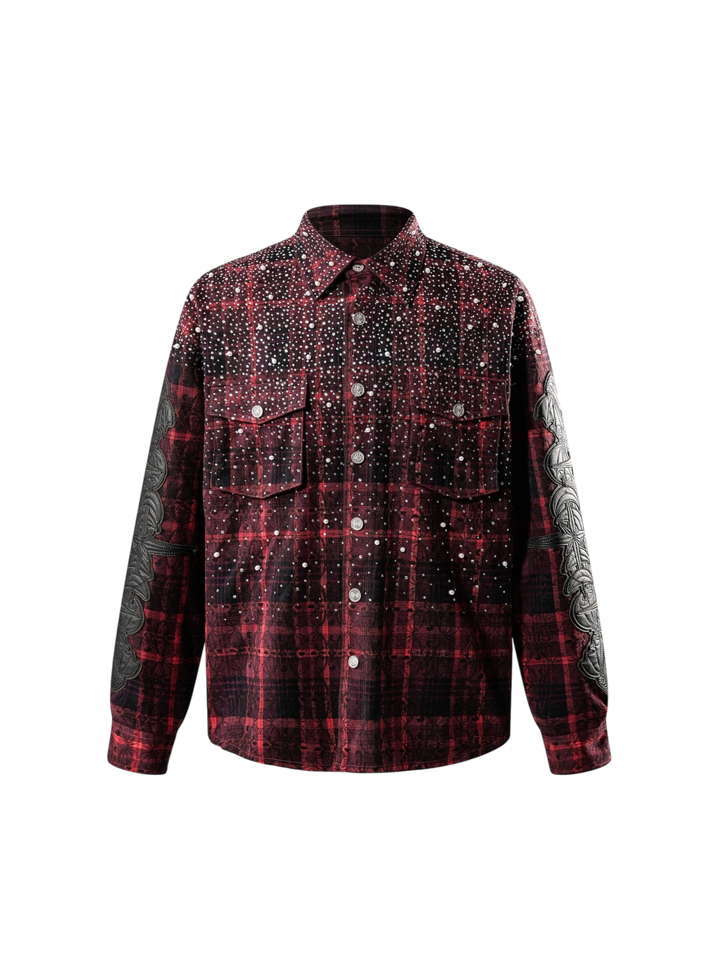 LUMINOUS DAWN RHINESTONE BAT PATTERN PLAID SHIRT