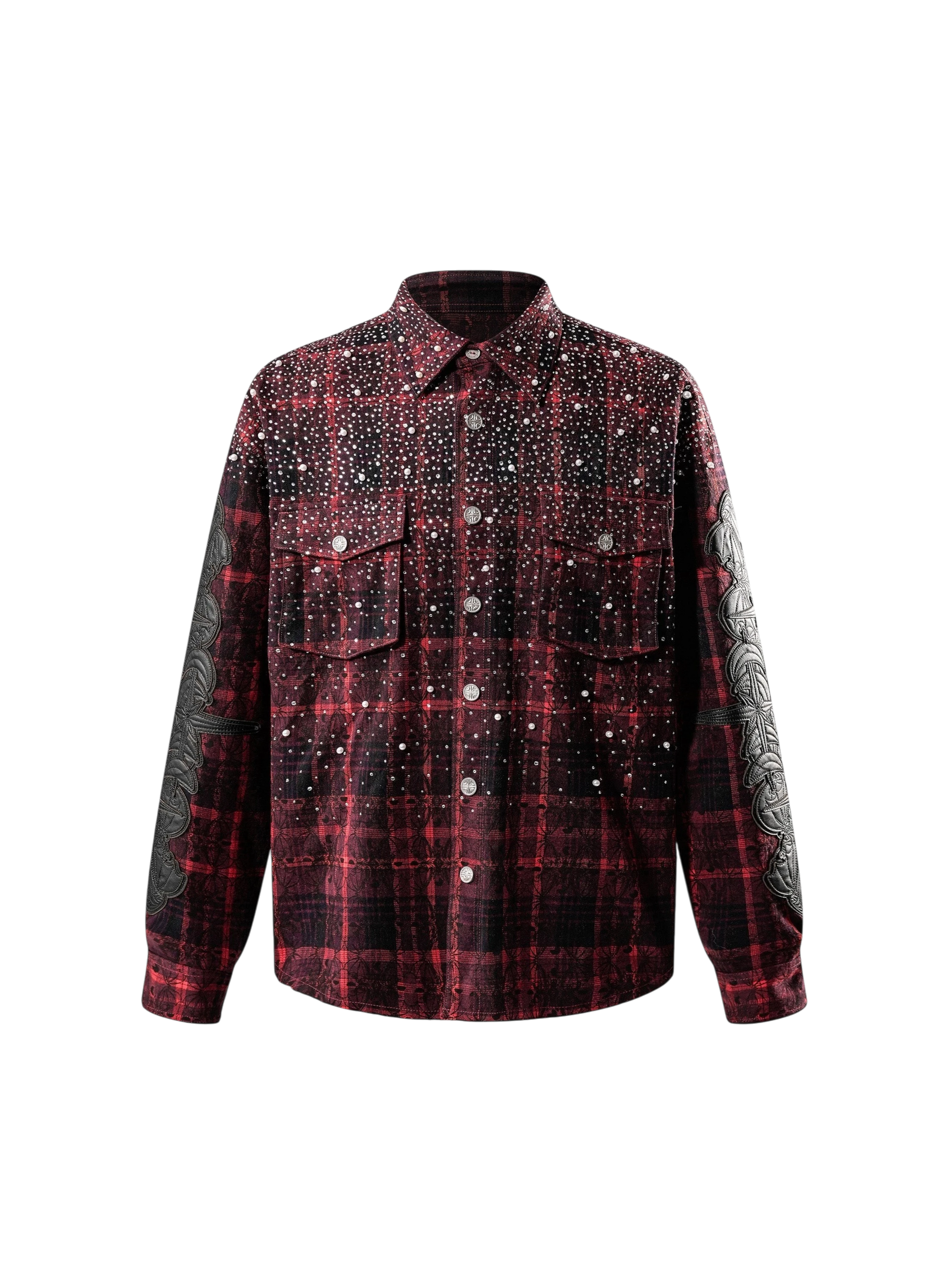 TBHNP Luminous Dawn rhinestone bat pattern plaid flannel shirt — men's gothic streetwear button-up