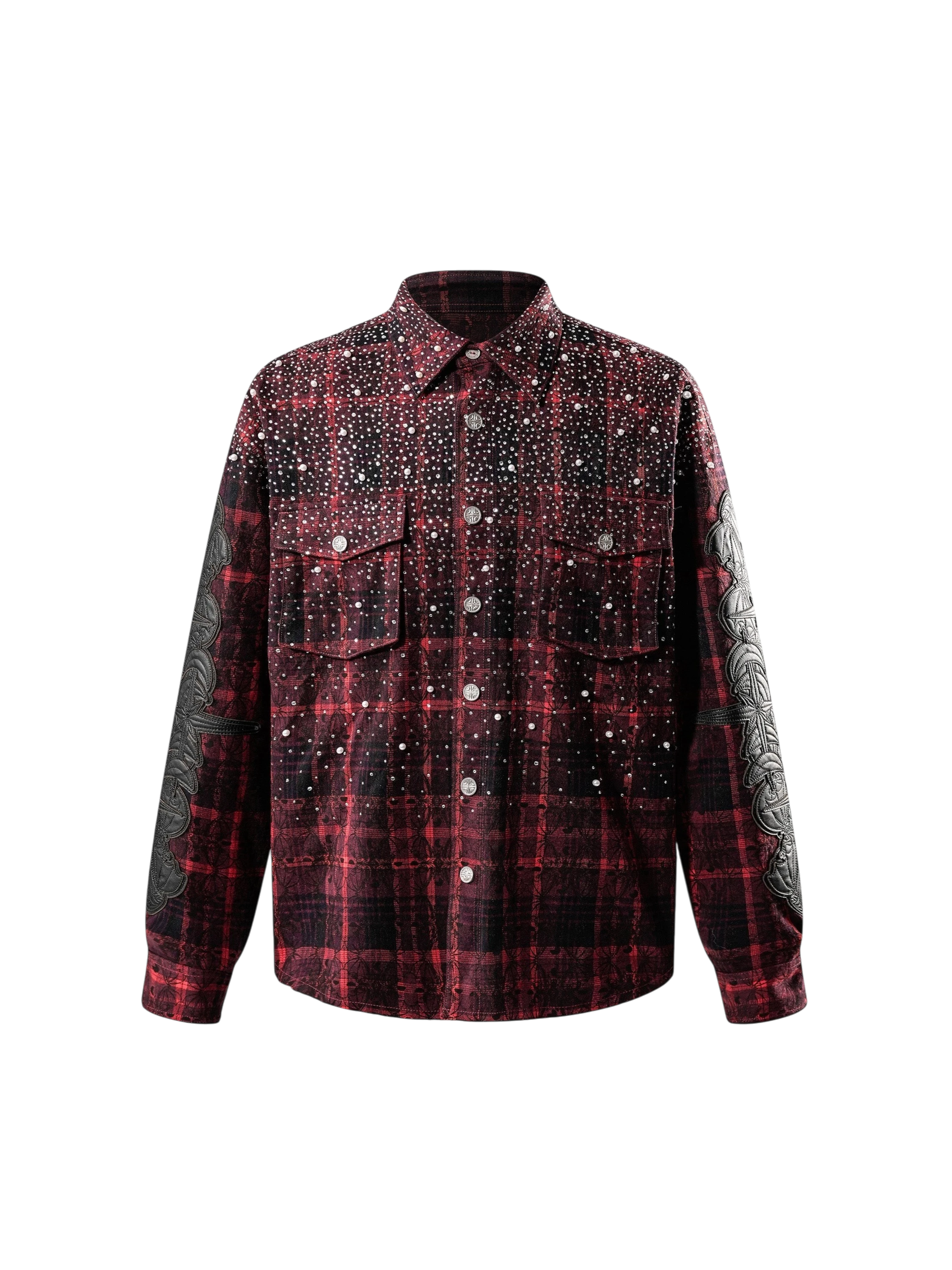 TBHNP Luminous Dawn rhinestone bat pattern plaid flannel shirt — men's gothic streetwear button-up