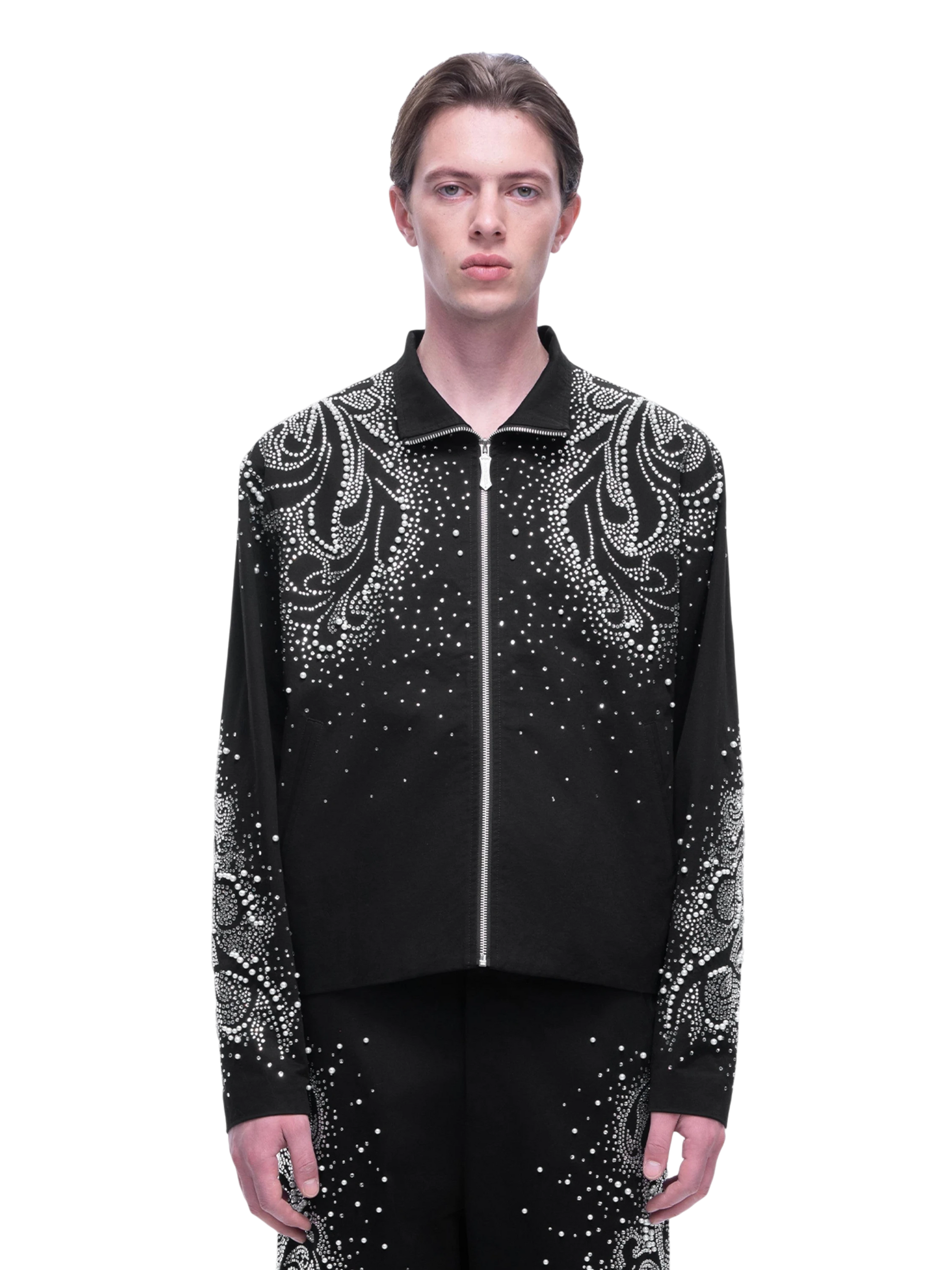 TBHNP Luminous Dawn pearl rhinestone cotton zip jacket, black — men's streetwear jacket