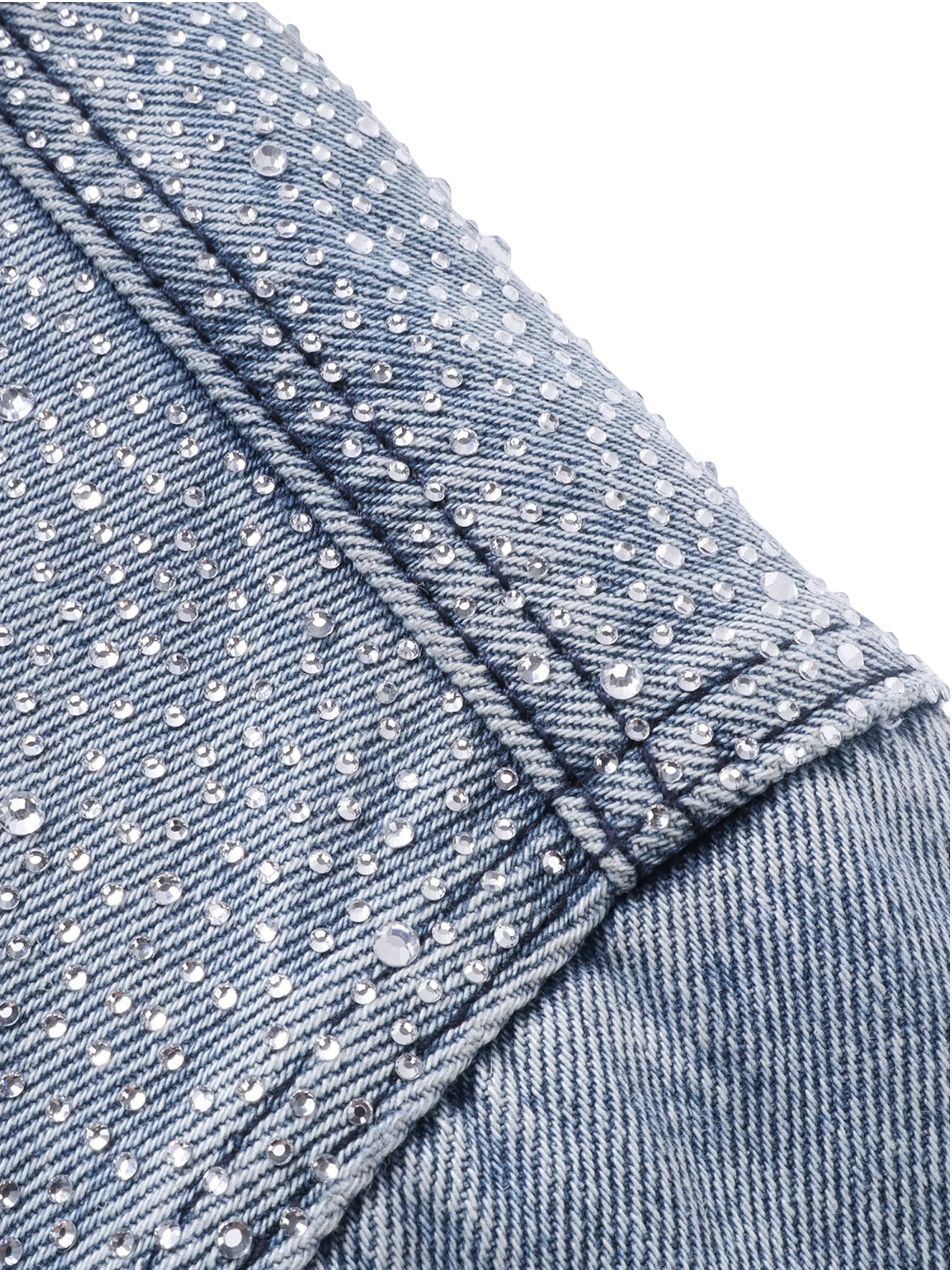 TBHNP Luminous Dawn rhinestone denim trucker jacket, blue — men's streetwear jacket