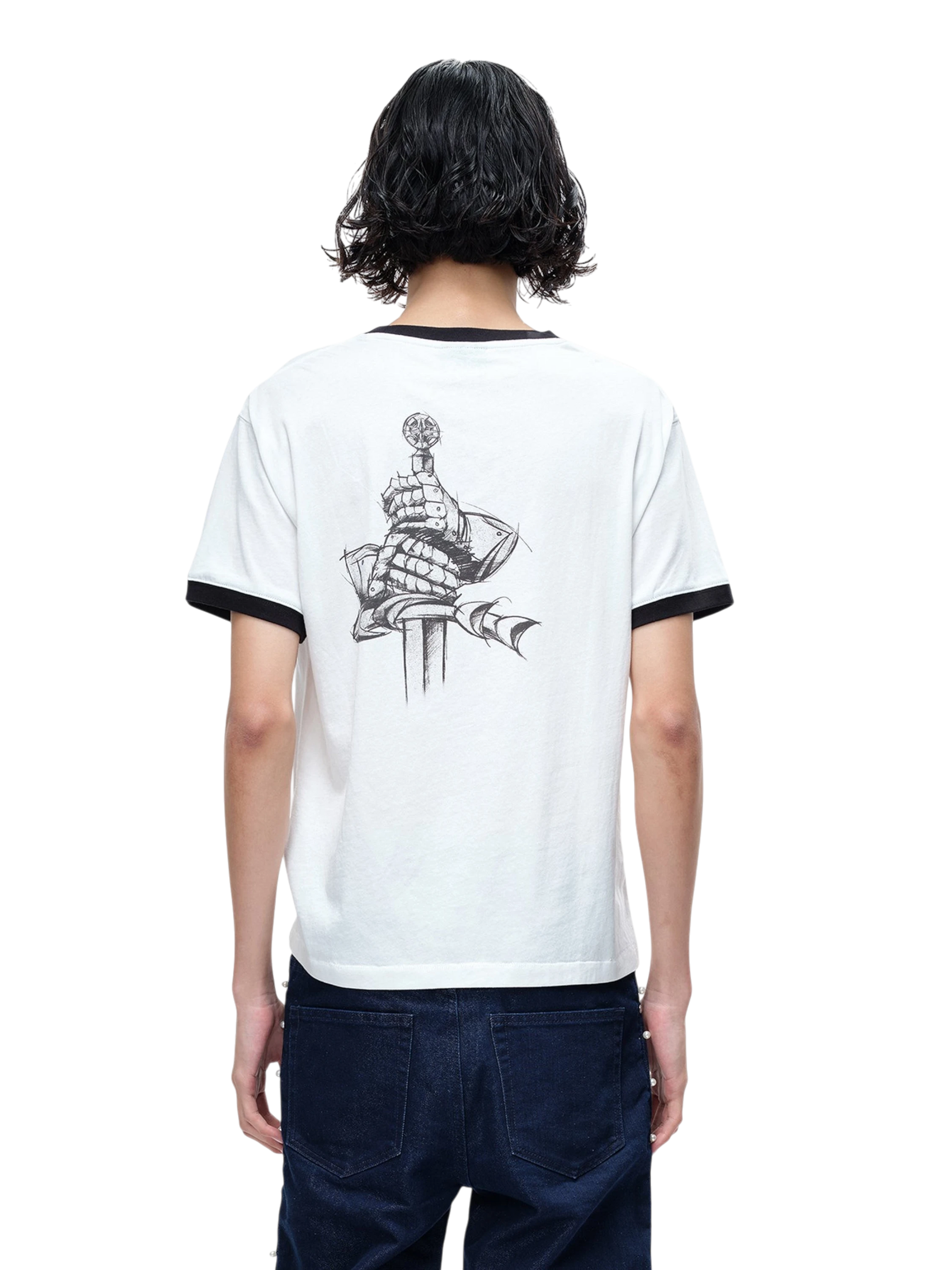 TBHNP Luminous Dawn sketch knight rhinestone ringer tee — men's streetwear graphic tee