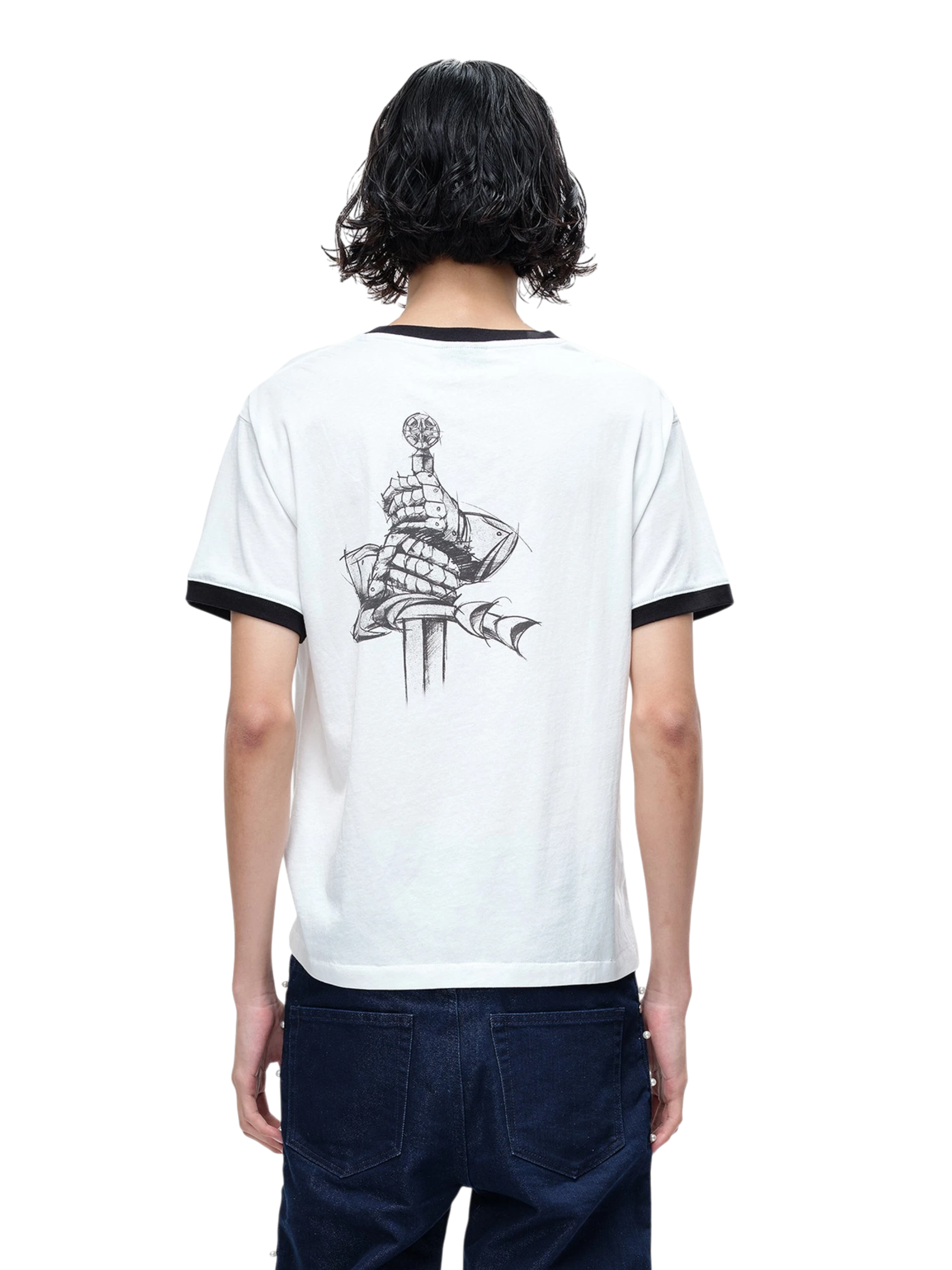 TBHNP Luminous Dawn sketch knight rhinestone ringer tee — men's streetwear graphic tee