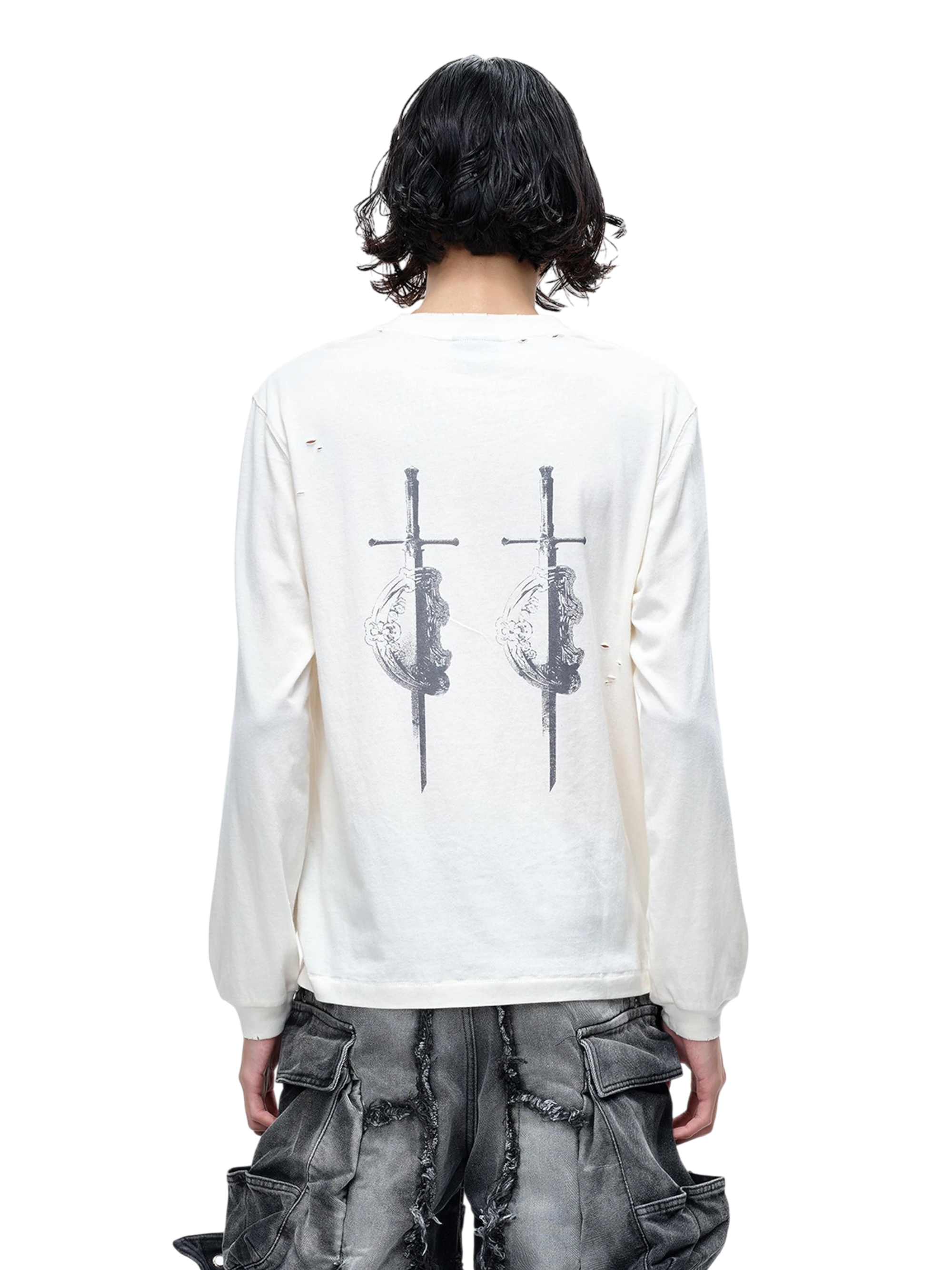 TBHNP Luminous Dawn distressed sword and shield print long-sleeve cotton t-shirt — men's streetwear long sleeve tee