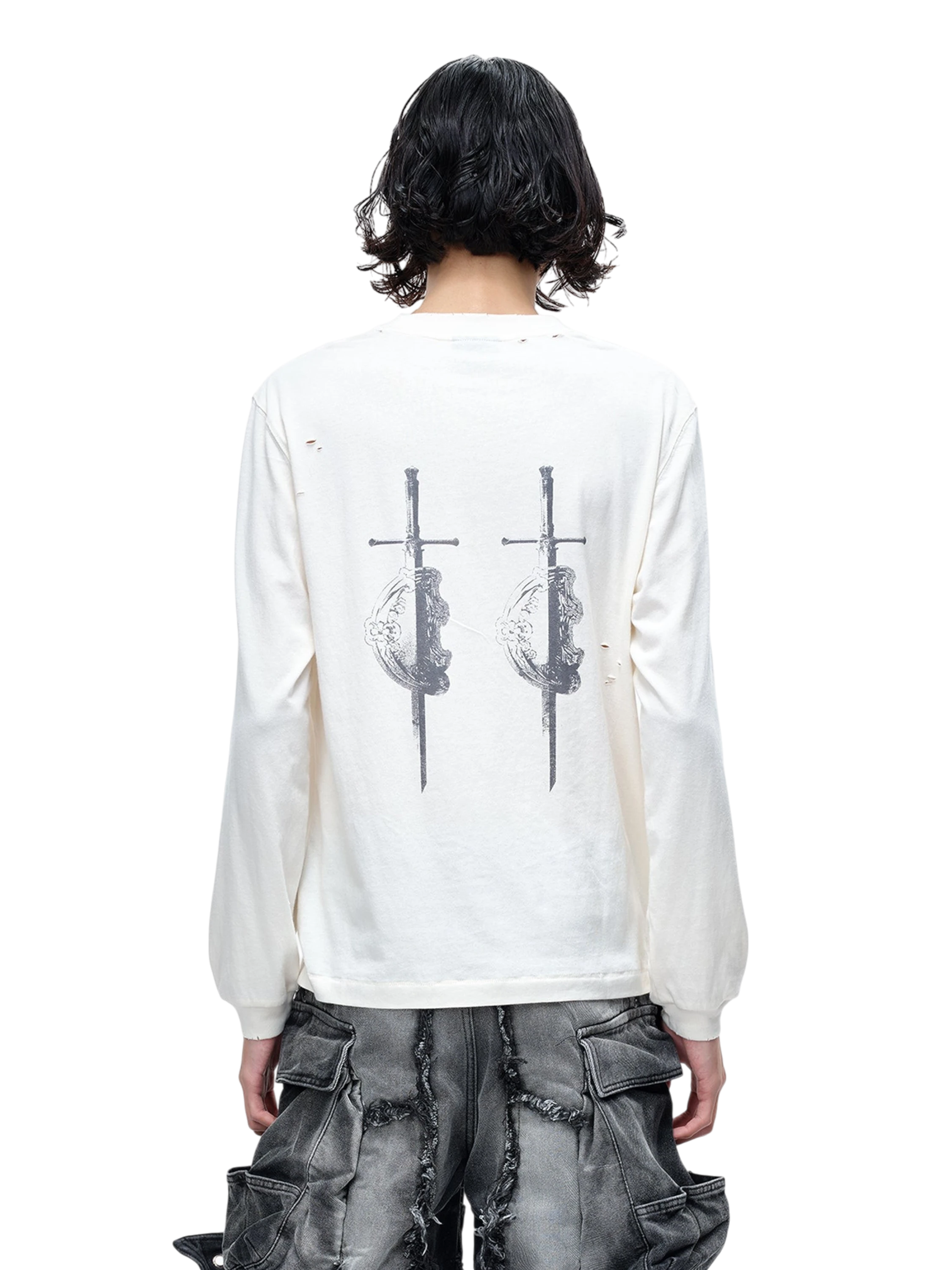 TBHNP Luminous Dawn distressed sword and shield print long-sleeve cotton t-shirt — men's streetwear long sleeve tee