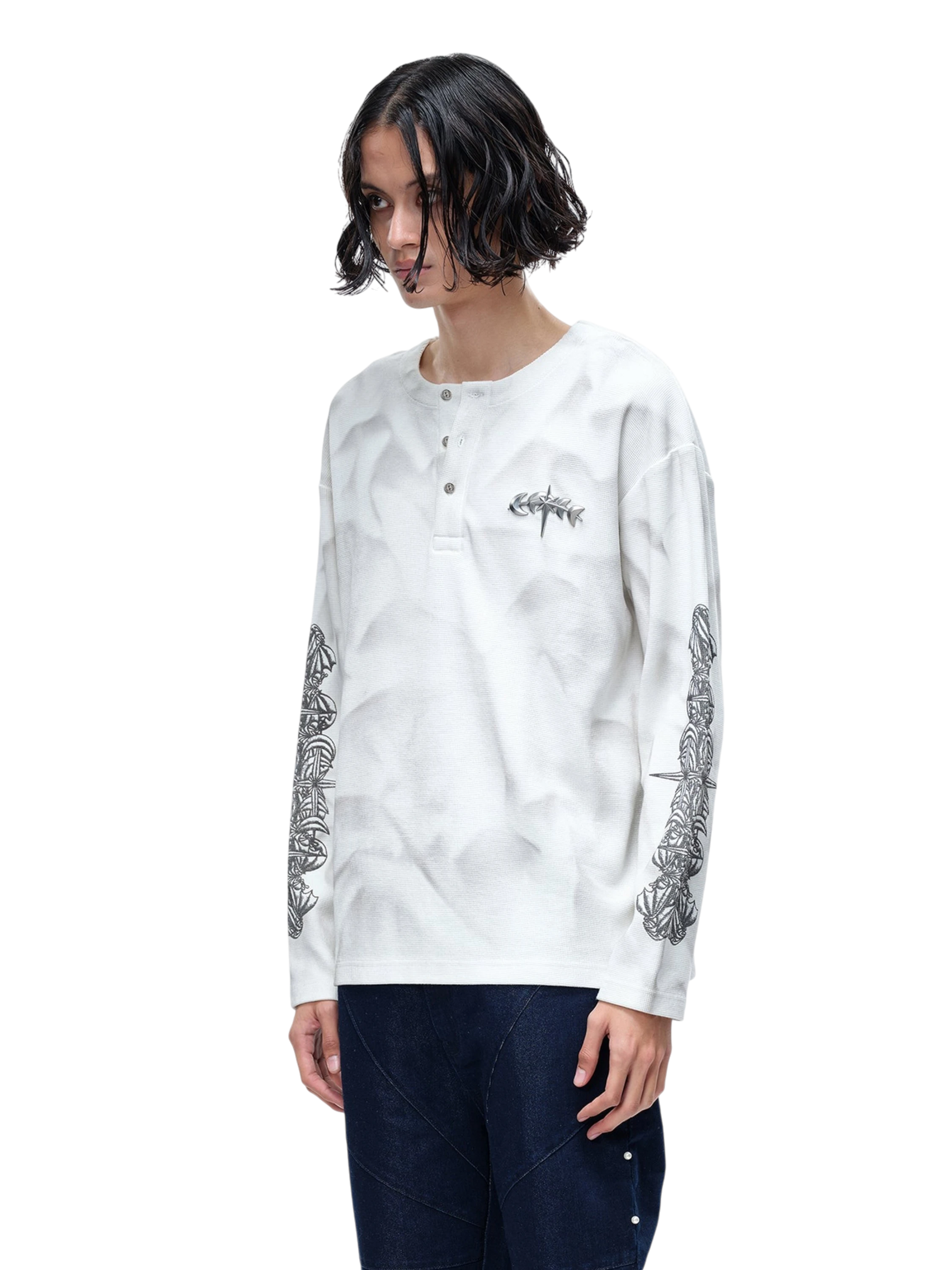 TBHNP Luminous Dawn waffle-knit henley long-sleeve top with metal chest badge — men's streetwear henley