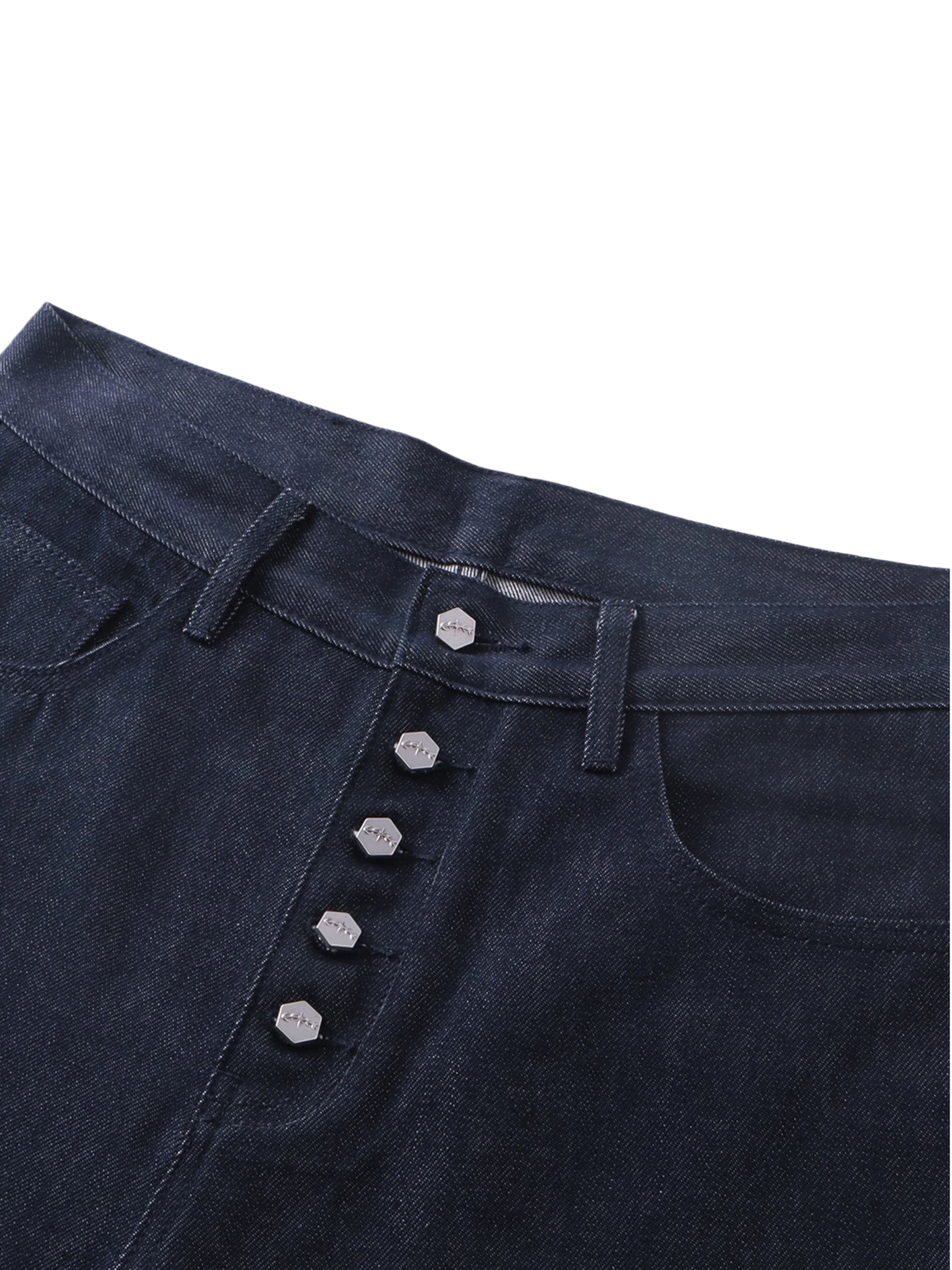 TBHNP Luminous Dawn button-fly wide-leg jeans, dark blue — men's streetwear denim